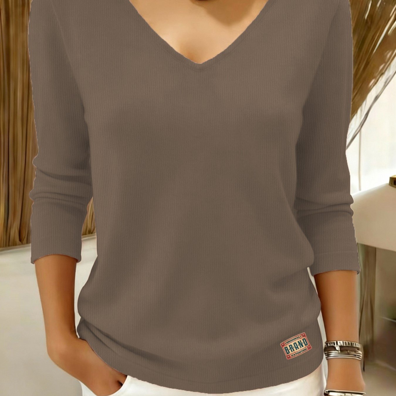 TEMU Women's V-neck Sweater - Loose Fit Sweater Suitable For , Textured Blouse-style Top With V-neck Collar, Machine Washable Loose Pullover For
