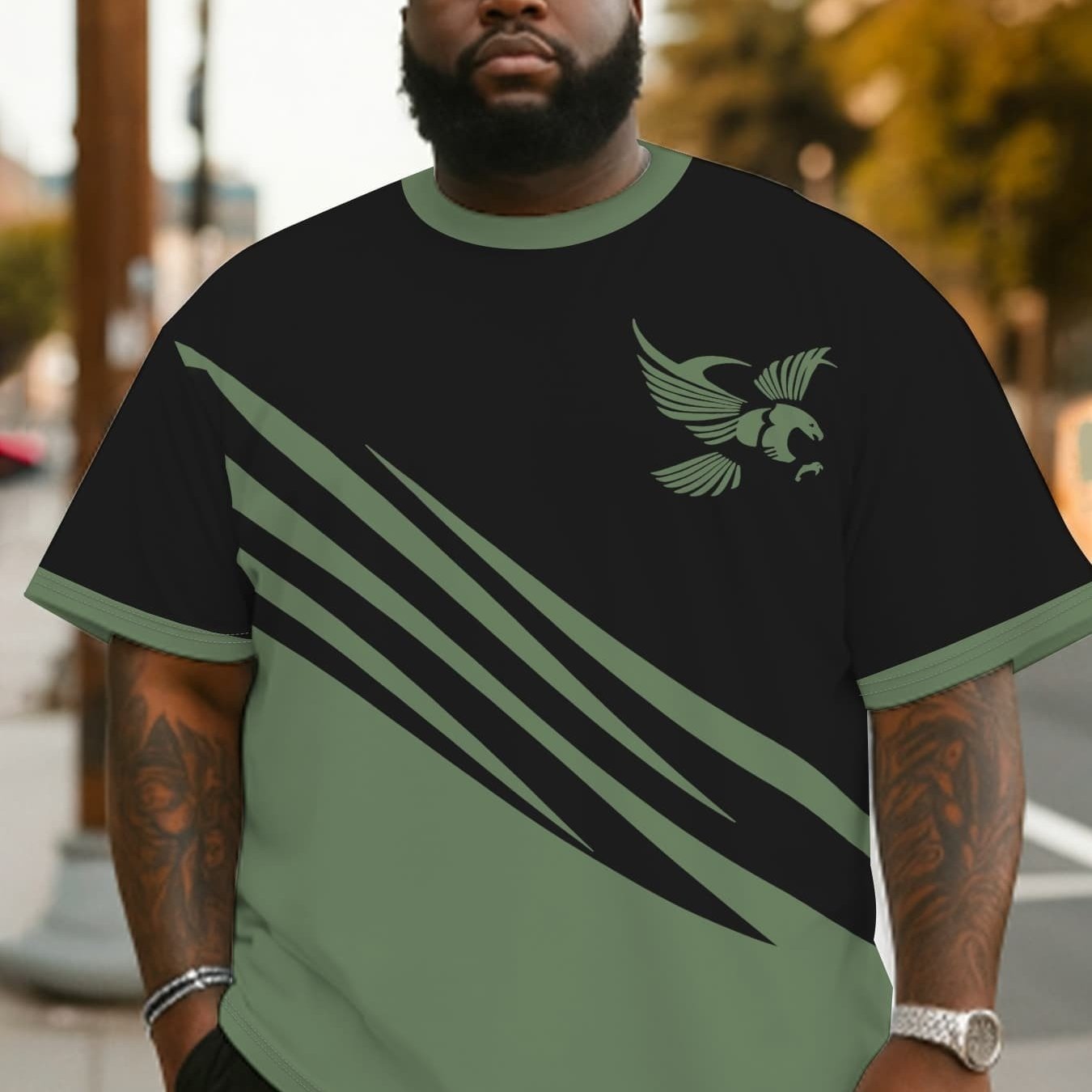 TEMU Men's Plus Size Print T-shirt, Trendy Brand Print Pattern Plus Size Trendy Tee Plus Size Casual T-shirt Polyester, Round Neck, Breathable,