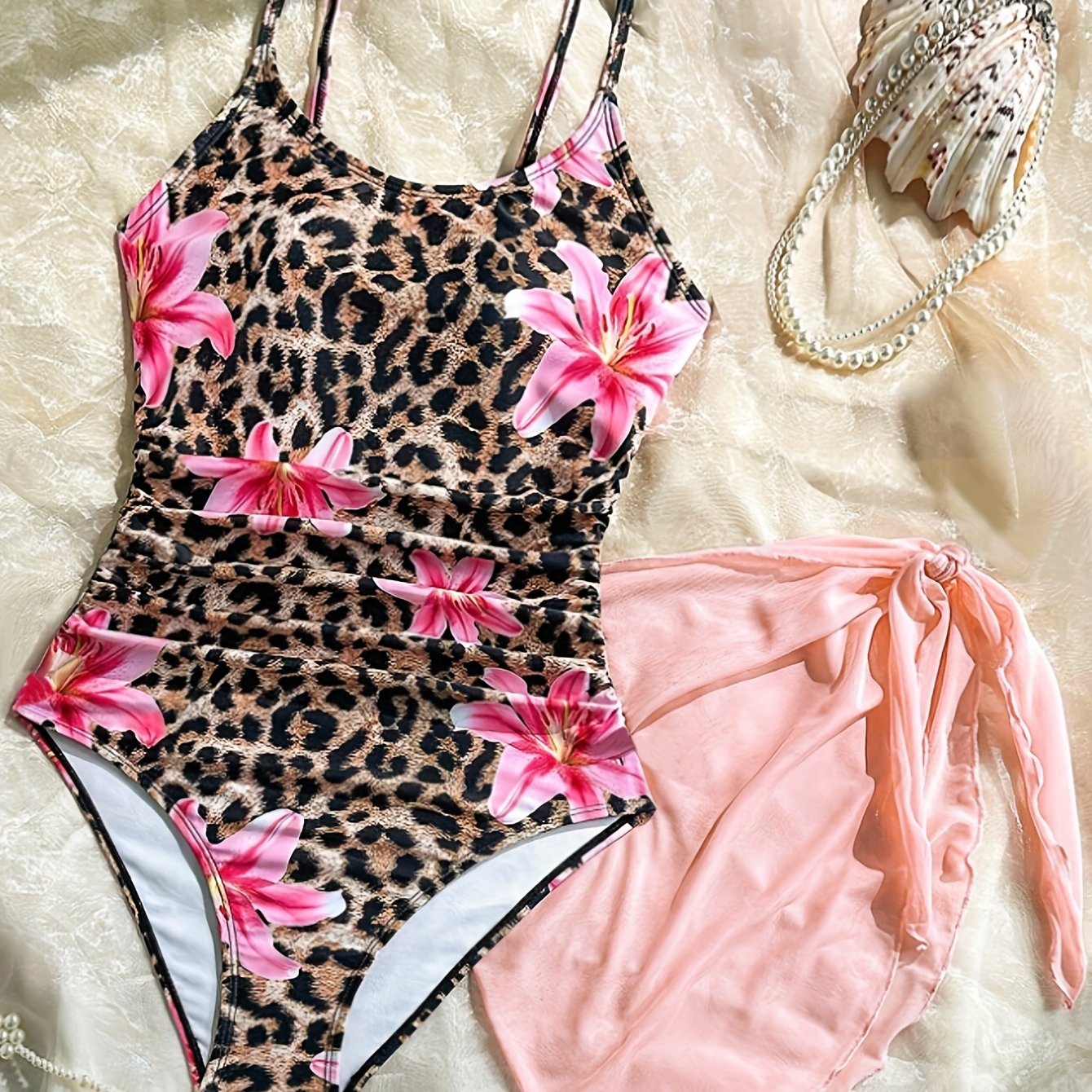 TEMU Women's Summer Beach Vacation Sexy Leopard Print Floral Pattern Solid Color Dress Swimsuit