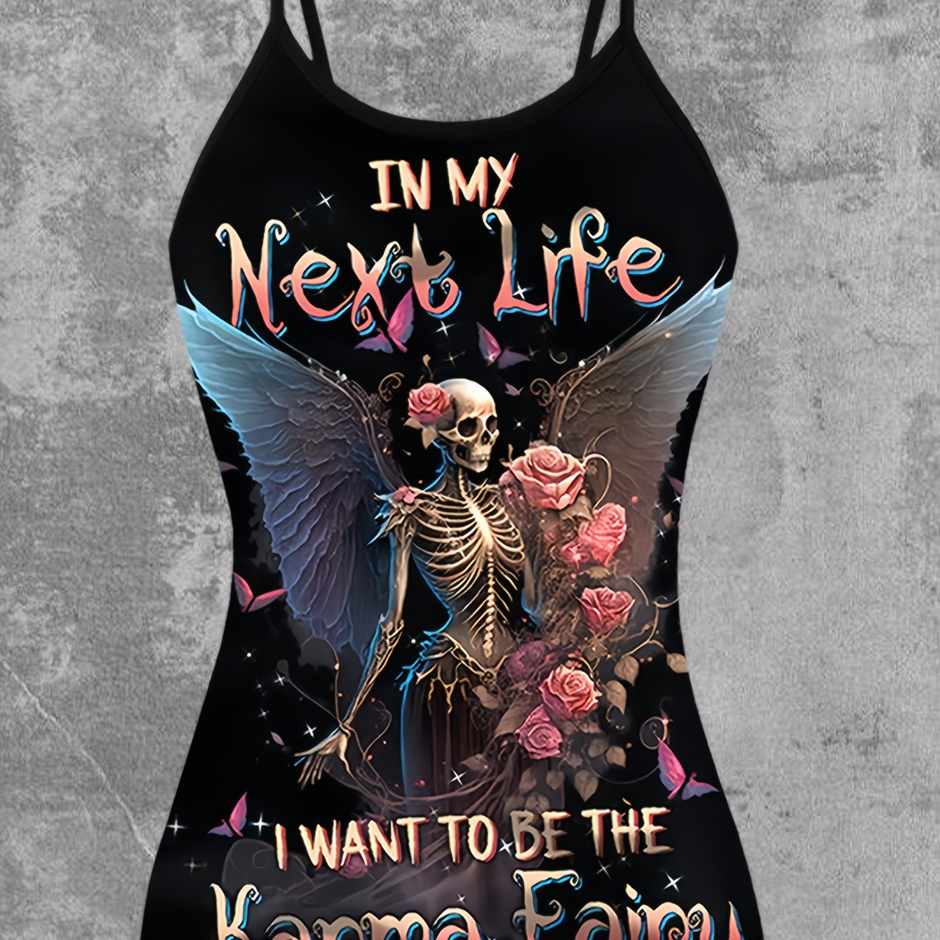 TEMU Dark Gothic Skull Rose Print Tank Top With Digital And " A For Karma Fairy In My Next Life" Text Design