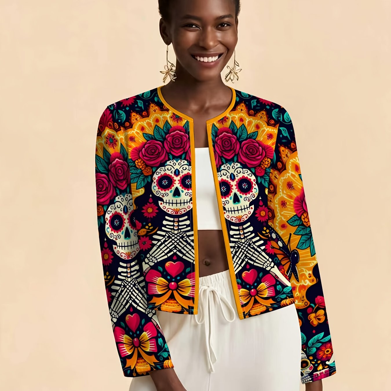 TEMU Women's Mexican Jacket - Full-body Skull & Floral Print Cropped Cardigan, Round Neck Long Sleeve Short Jacket Suitable For Dia De Los Muertos
