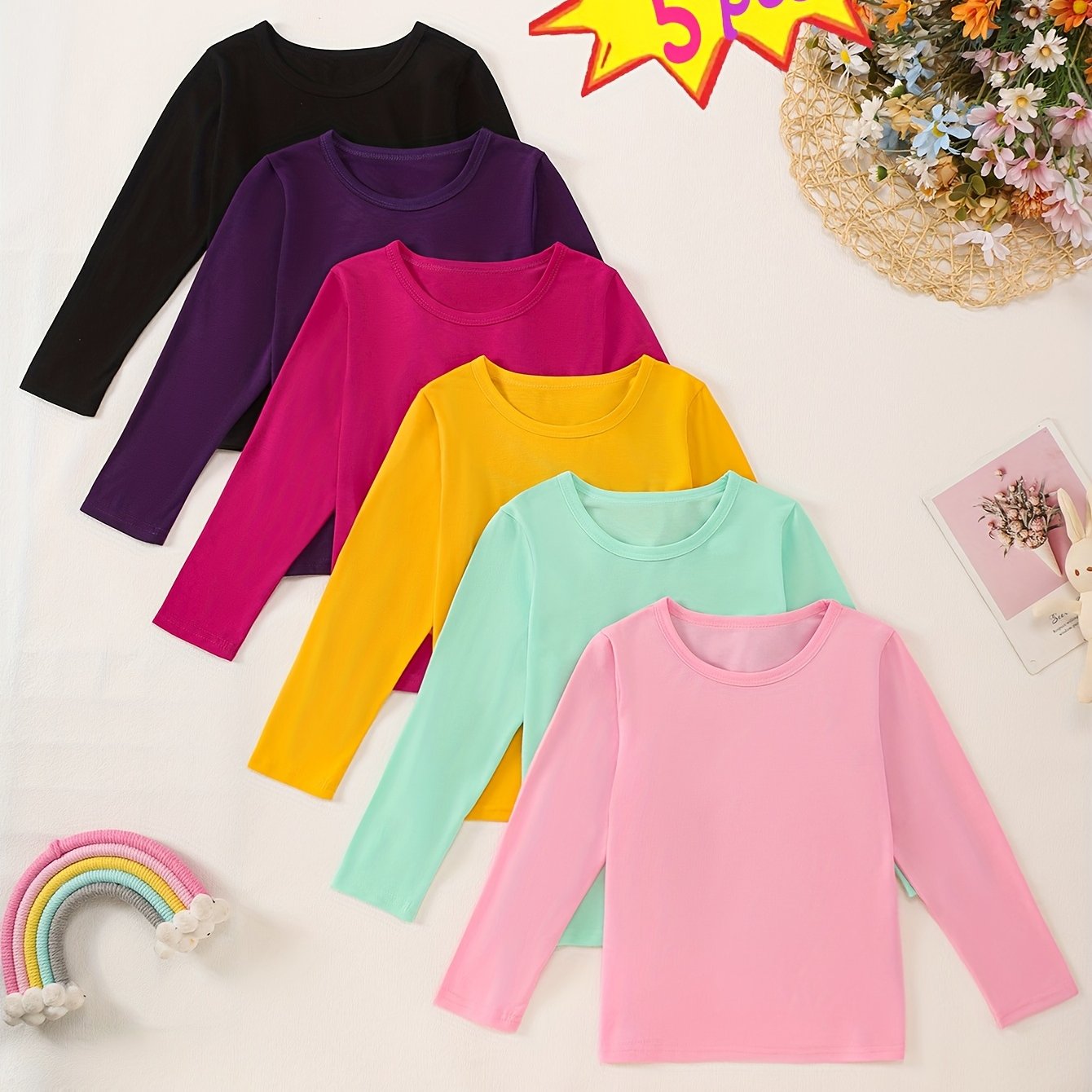 Girls' Long Sleeve T-shirts, Assorted 5pcs, Thin Base Layer Shirts, Solid Color Kids Tops, Soft, Comfortable, And Breathable Fabric