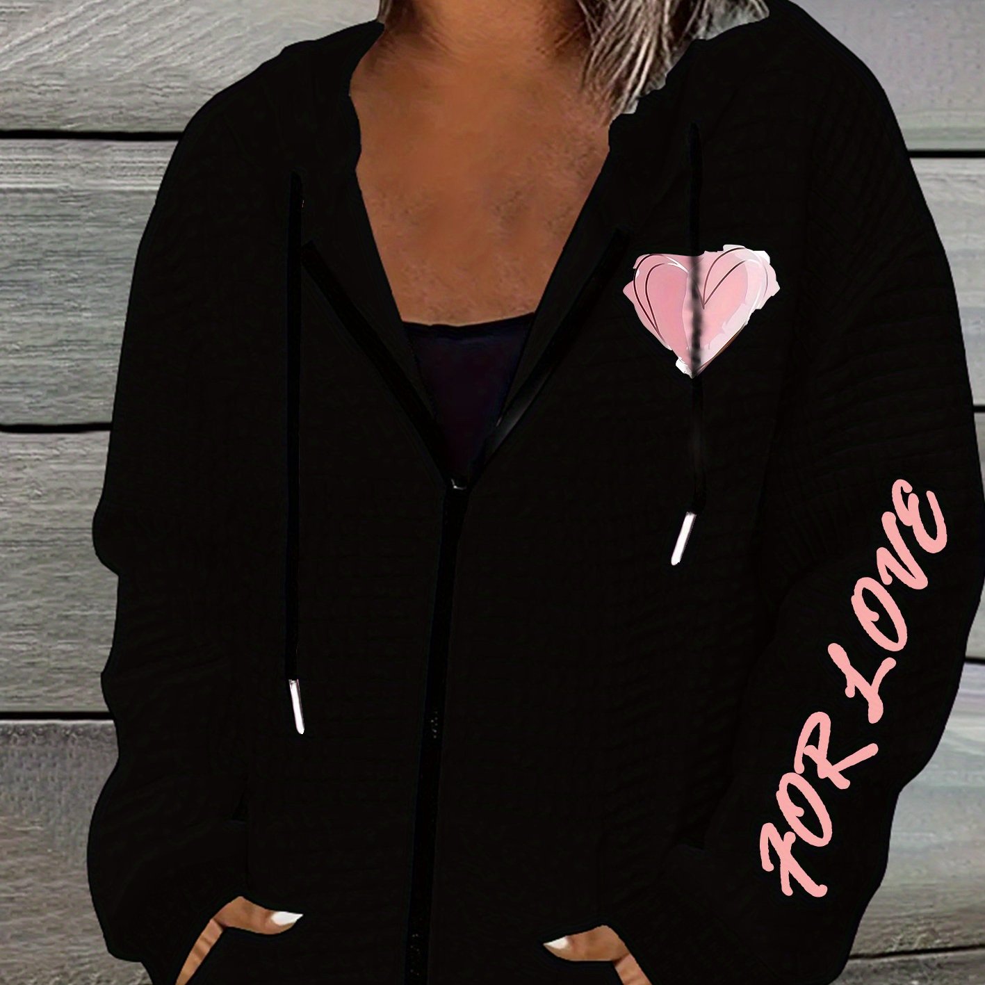 TEMU Women's Casual Polyester Hooded Zip Up Jacket With Geometric Pattern, Stretch, 250g/mÂ² Waffle Knit Fabric, Machine Washable, All Season Fashion