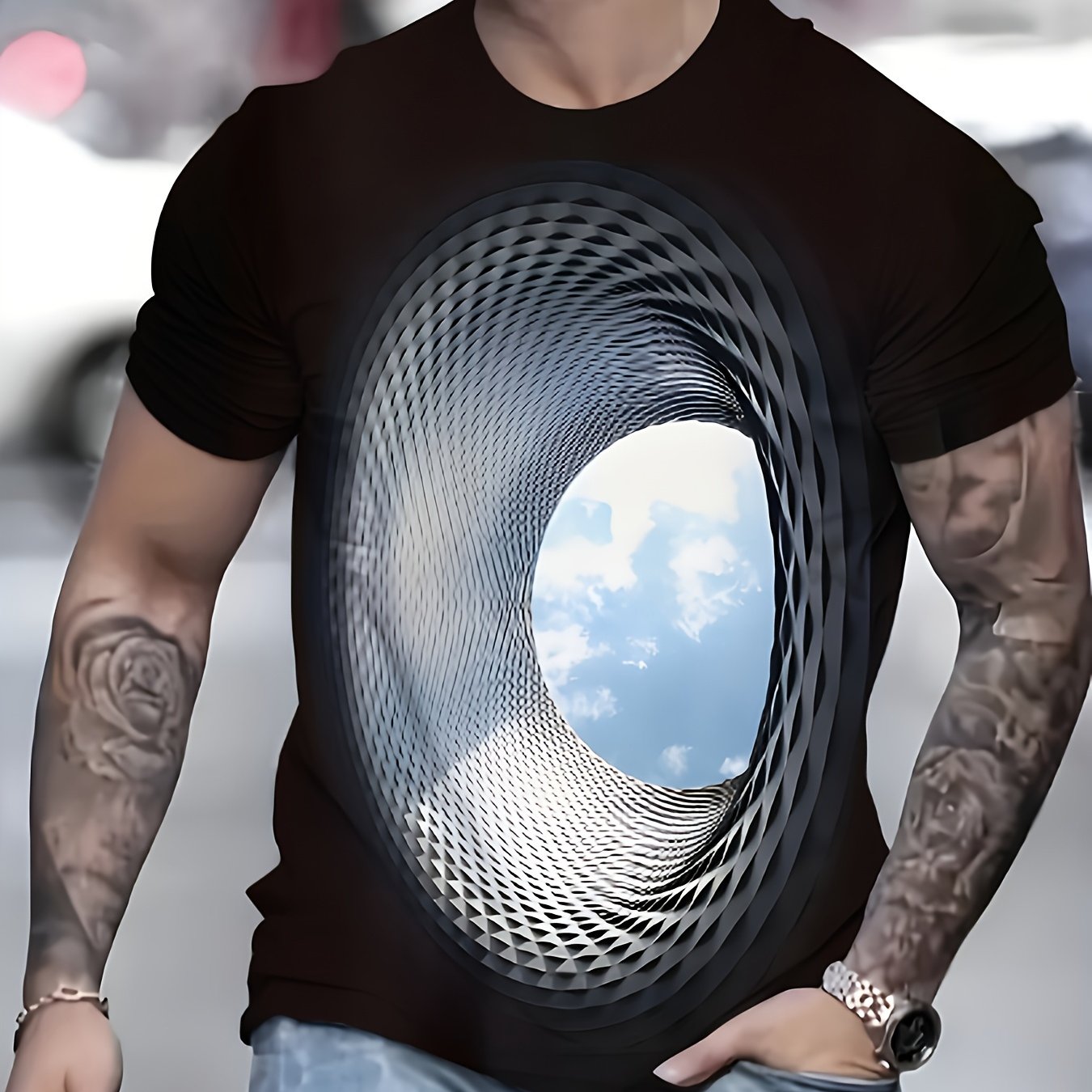 TEMU Men's Hollow Displaced Visual Effect T-shirt - Novelty Short Sleeve Round Neck Tee With Hollow Chest, Machine Washable Suitable For Parties,