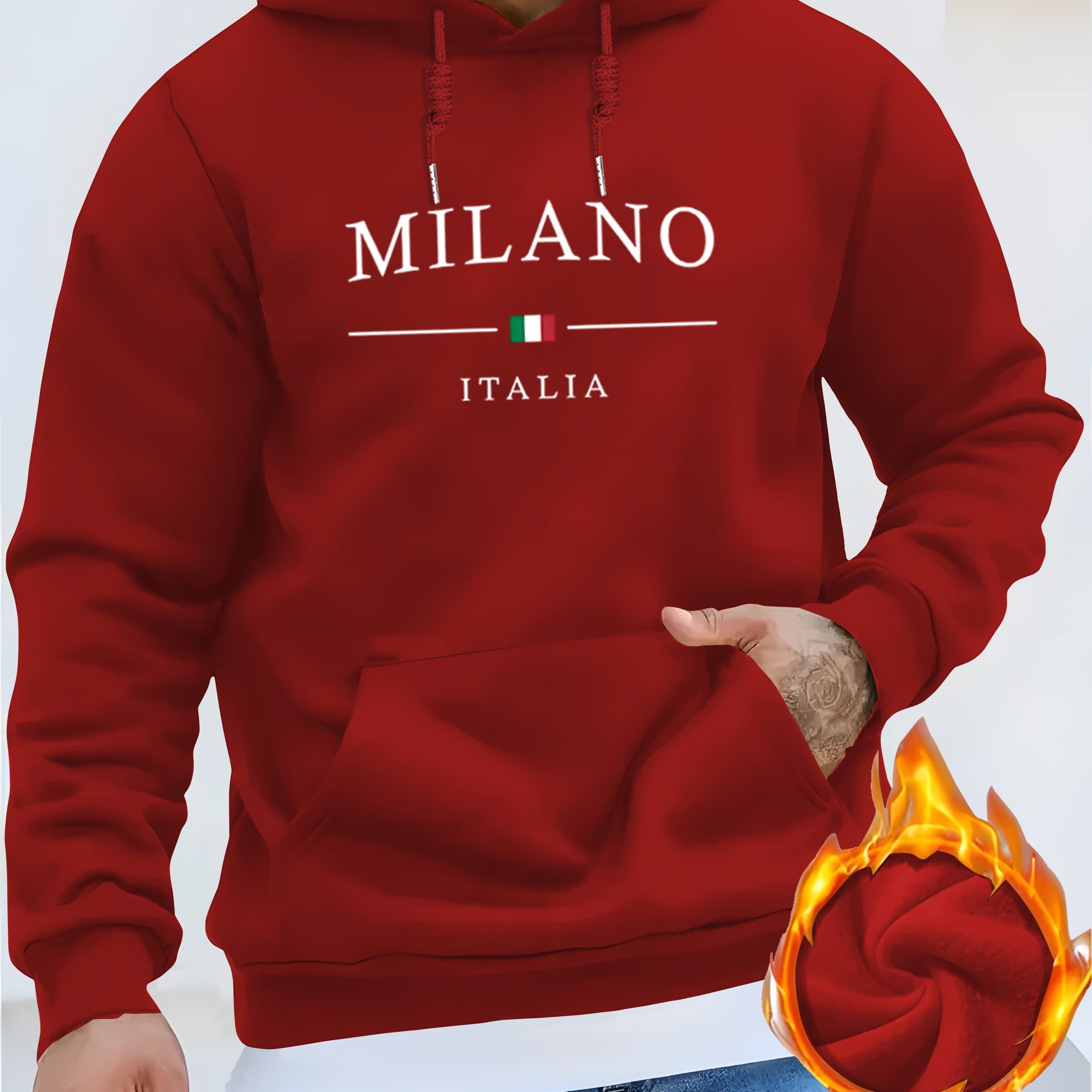 TEMU Italia And Flag Print, Men's Casual And Cozy Hoodies, Trendy Long Sleeve Hooded Sweatshirt, Casual Versatile Top For Autumn Winter