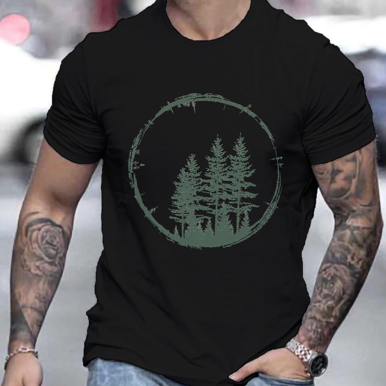 TEMU Men's Relaxed T-shirt - Made From Soft And Breathable Featuring A Contemporary Geometric Pine , And Formal Wear, Machine Washable Essential Top,