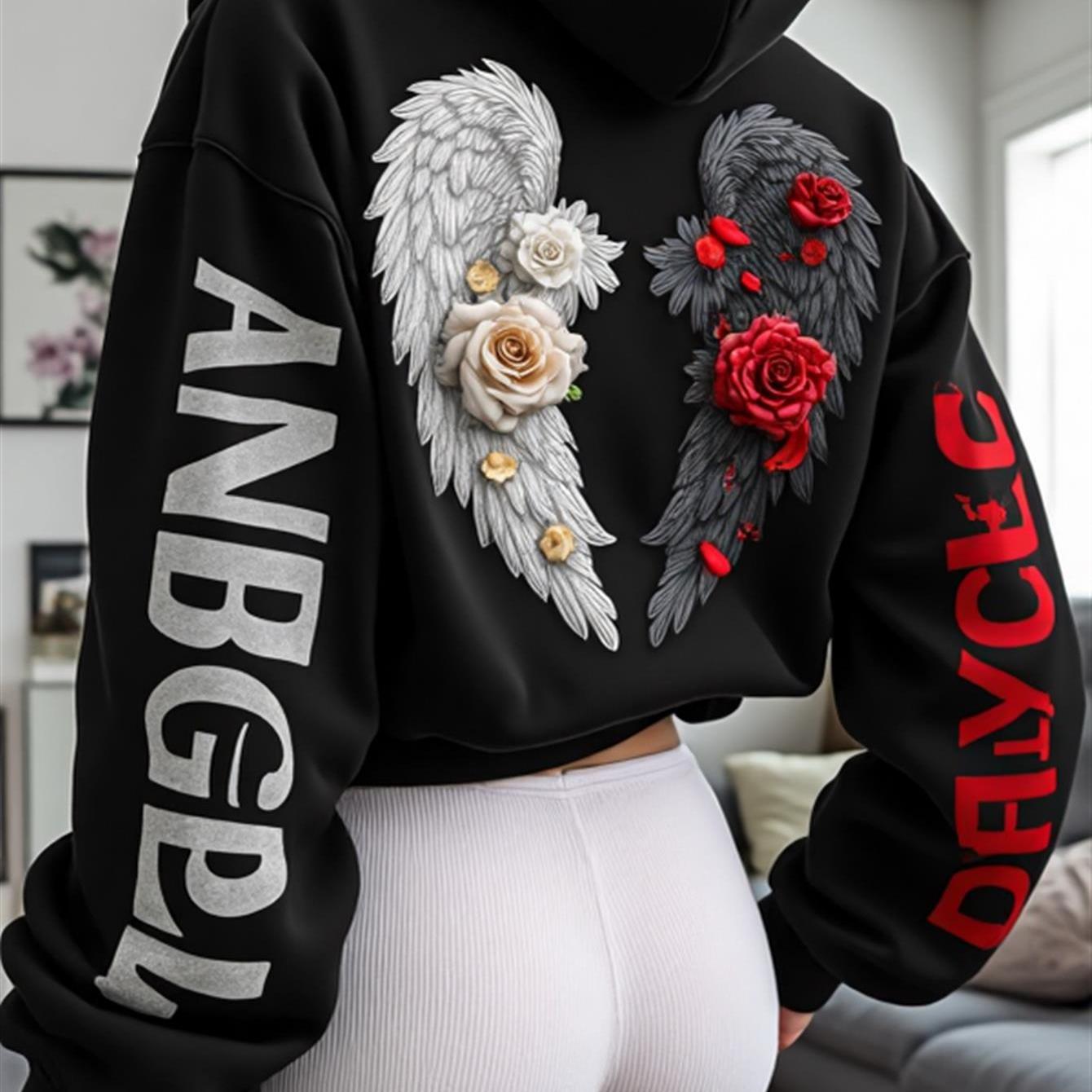 Image of A Fashionable Hoodie Designed With Wings And Roses Theme Women's Hoodie High Quality Thickened Hoodie Suitable For Autumn And Winter Casual Daily Wear Gift For