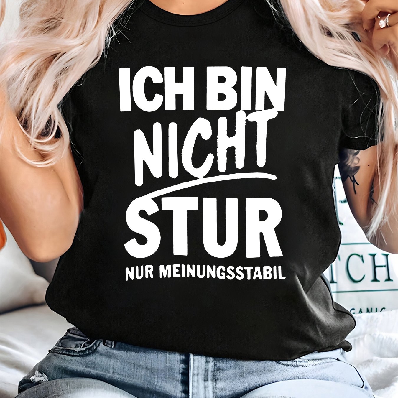 Image of Plus Size, Women's Plus Size Oversized Funny German T-shirt "i Am Not " - Blouse Round Neck Short Sleeve Top With German Slogan, Casual Statement Tee For Casual Attire & Gifts