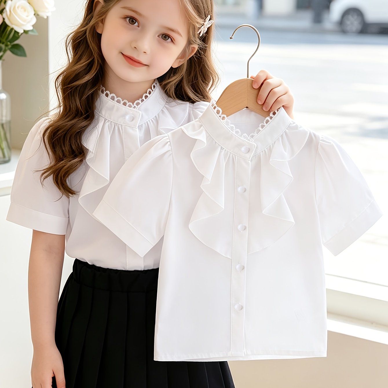 TEMU Single-piece Girls' Summer Shirt, Stylish And Elegant Solid Color With Lace , Small Collar, Children's Short-sleeve Open-front Top For Baby