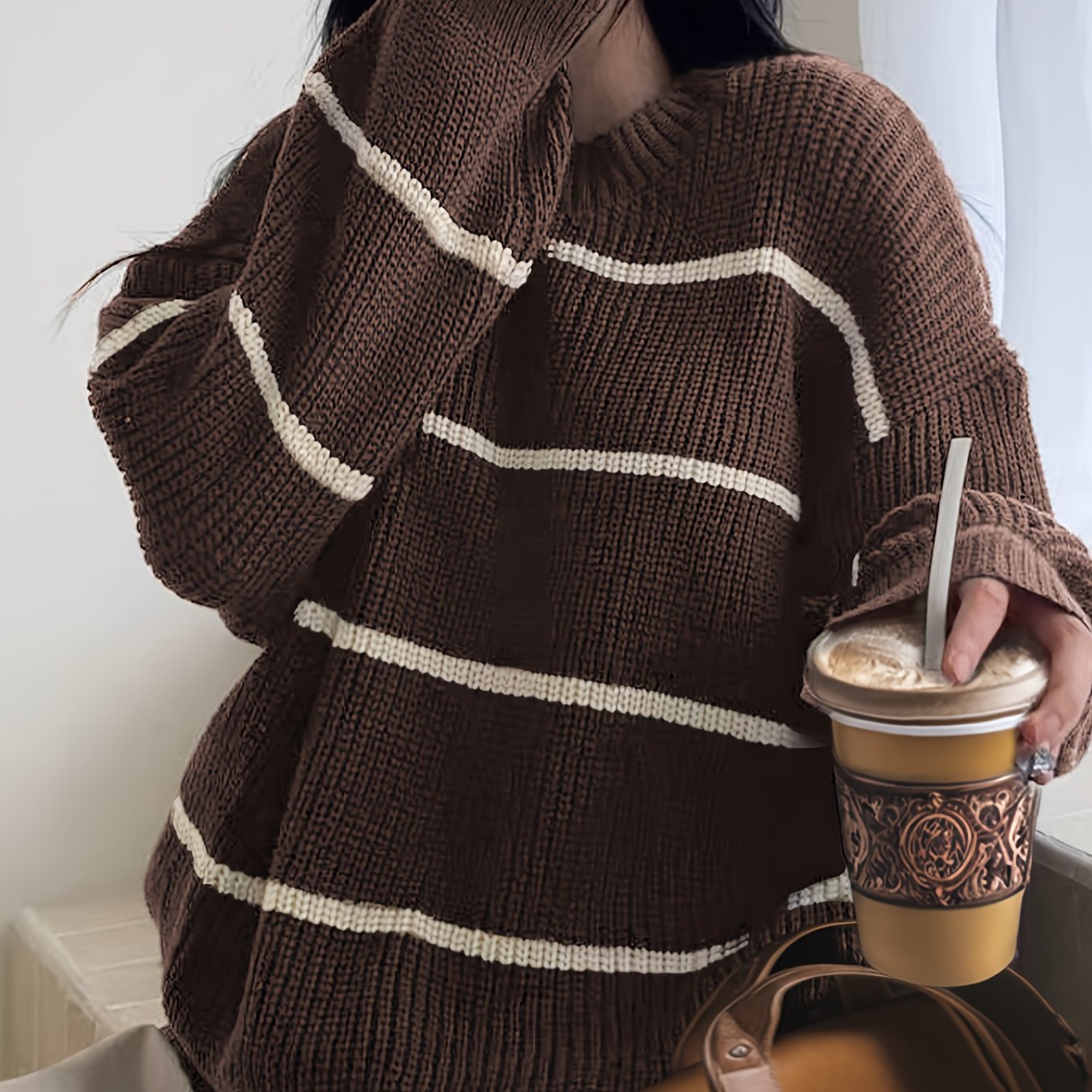 Image of New Autumn And Winter Women's Elegant Vintage Style Striped Color-block Round Neck Long Sleeve Sweater - Featuring Lantern Sleeves, High Quality, Soft And Comfortable, Perfect For Casual Wear