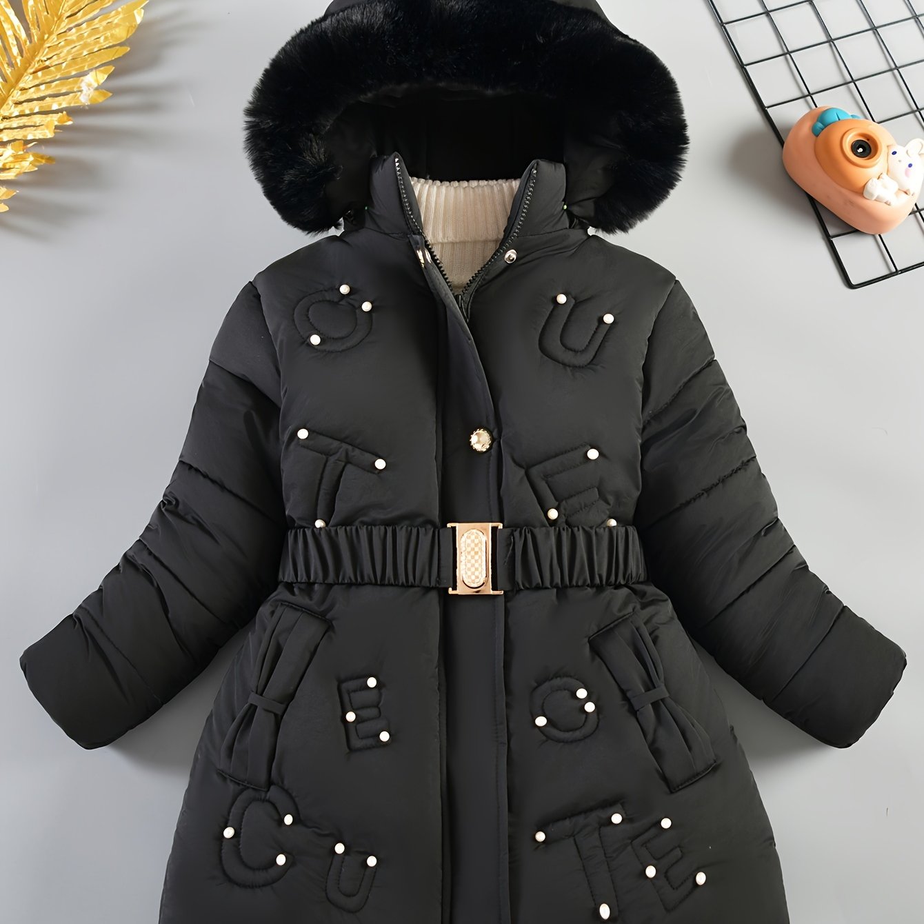 Girls' Casual Fashion Detachable Belt Plush Hood Padded, Winter, 1 Piece