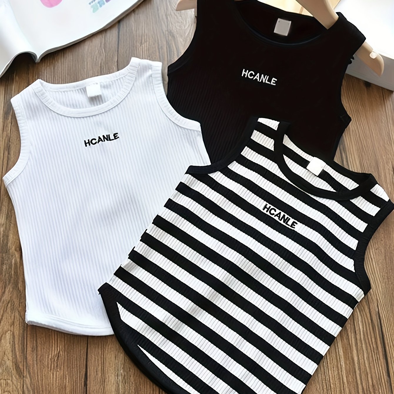 3pcs European And Girls' Summer Tank T-shirts, Comfortable Fabric, Striped + Solid Color Sporty Casual Tank Tops
