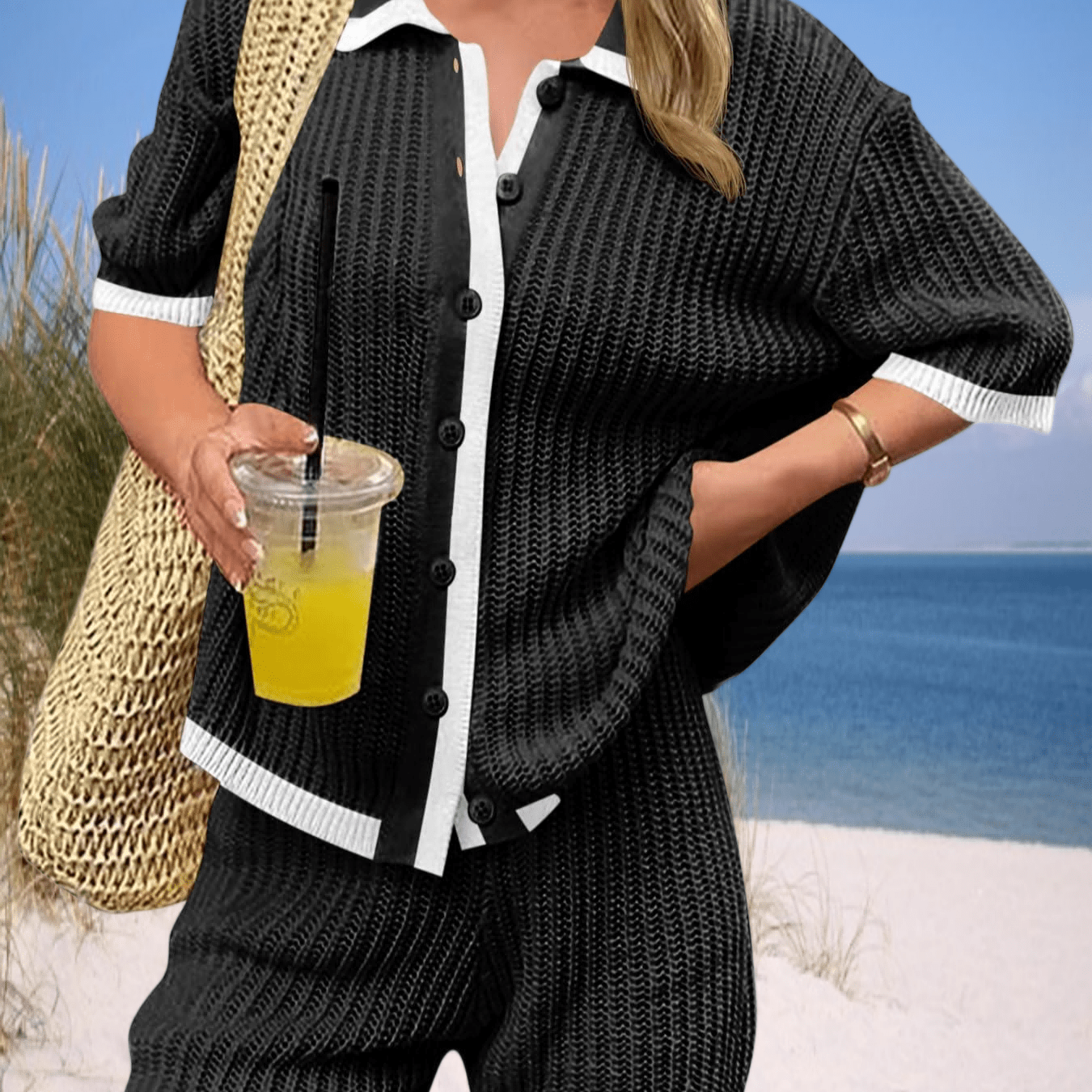 Image of Women' Summer 2pcs Short Sets Short Sleeve Collared Tops Beach Vacation Cover Up Crochet Lounge Outfits