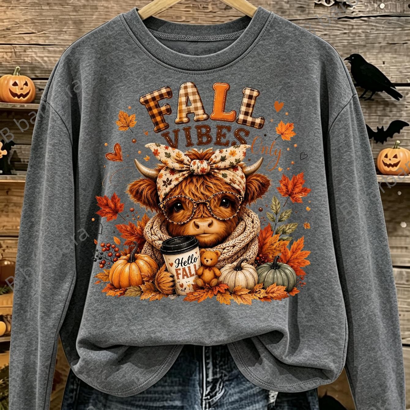 TEMU Halloween Costume, Style, Cute Highland Cow Print Women's Round Neck Long Sleeve T-shirt, New Casual And Elegant Long Sleeve T-shirt For Women