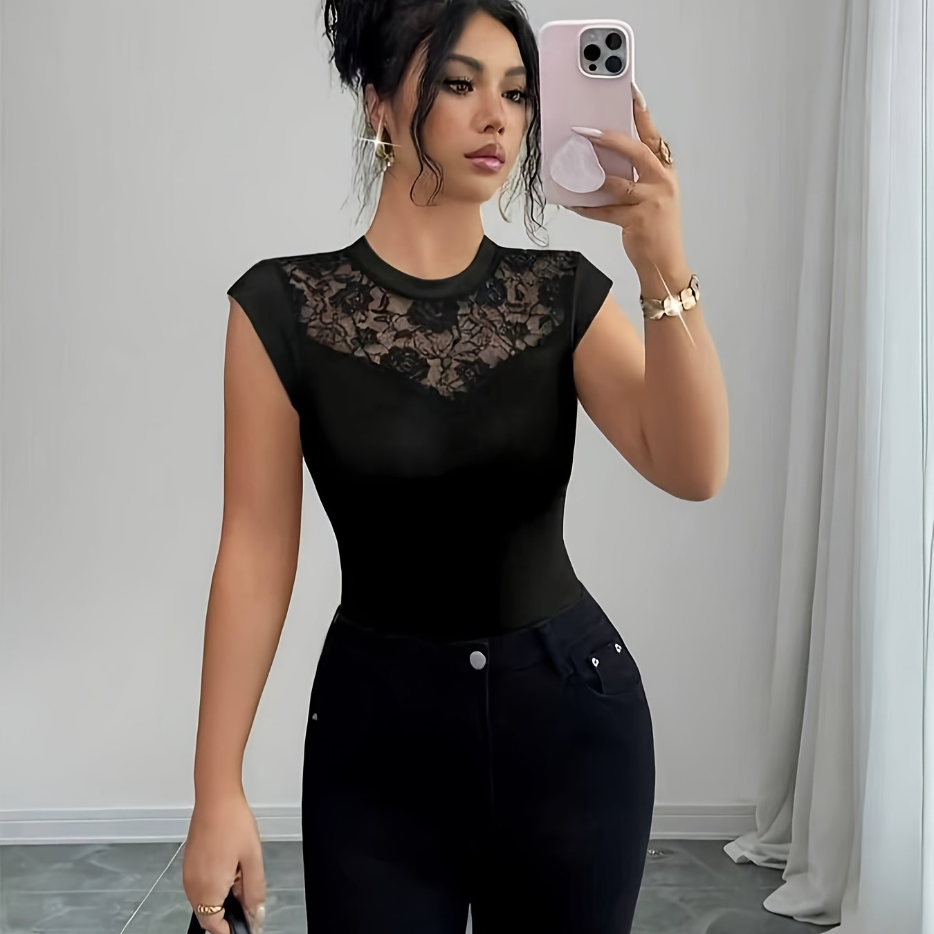 TEMU Elegant, Exquisite And Fashionable Women's Round Neck Slim Sheer Floral Lace Splicing At Sexy And Elegant Style Suitable For Daily , Dating