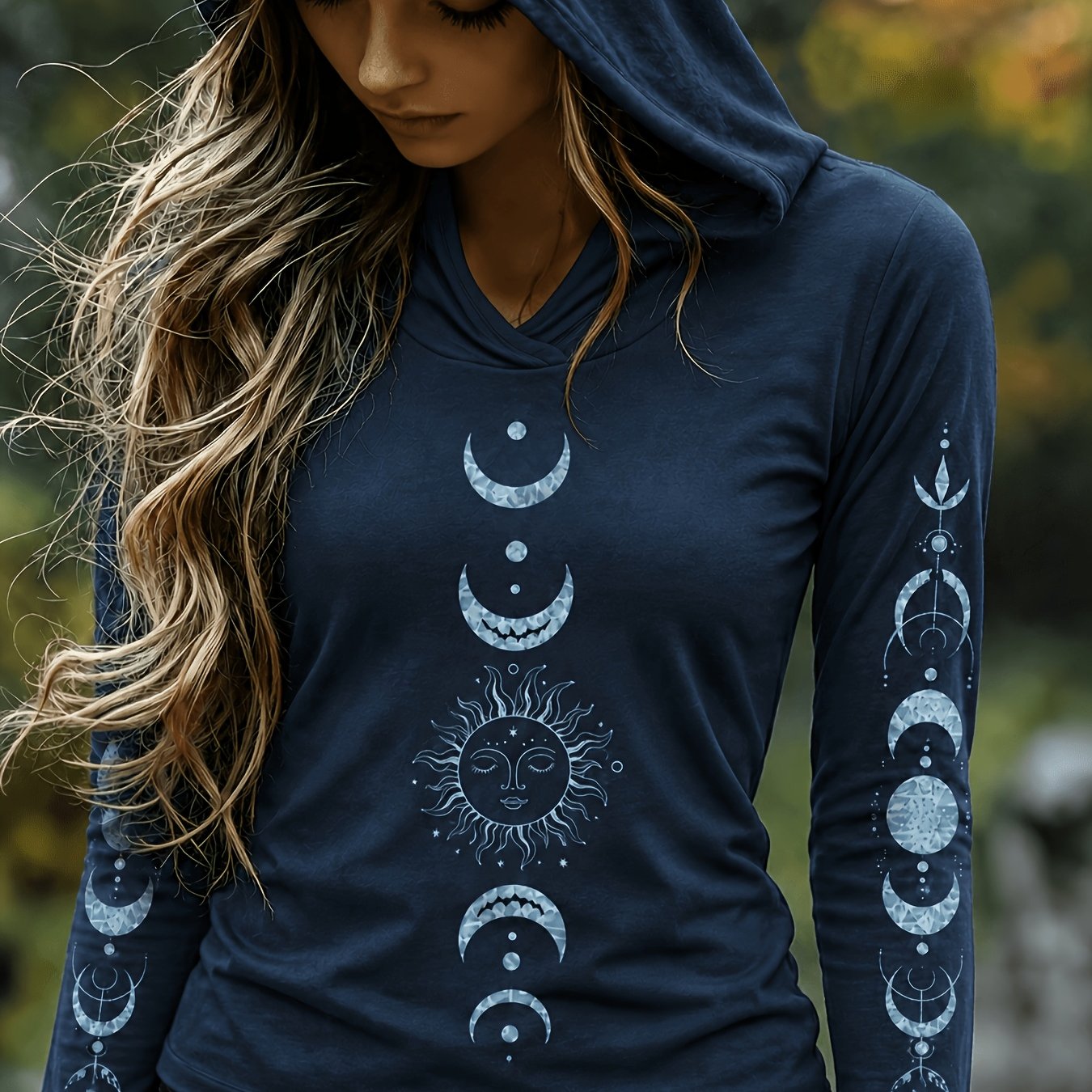 TEMU Haut à capuche grande taille imprimé, manches longues, base bleu marine avec soleil viking bleu glace et totem, texture mystérieuse, design à