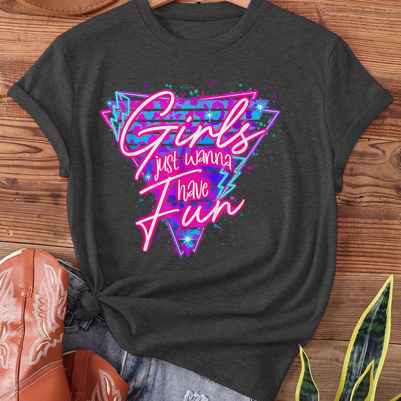 TEMU Women's Retro 80s Neon "s " Graphic T-shirt - Short Sleeve Crew Neck Casual Top With Geometric Print, Semi-sheer Vintage-inspired Tee For Summer