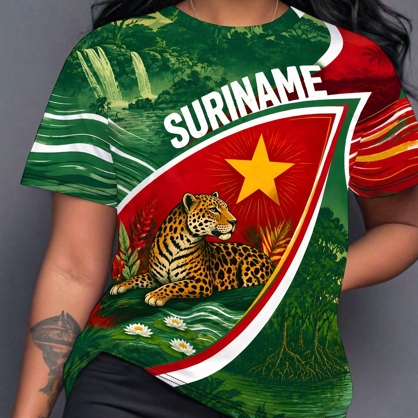 TEMU Teediy Women's Suriname Rainforest River T-shirt - Full-body Print Round Neck Short Sleeve Top, Casual Summer Beachwear Suitable For Vacation,