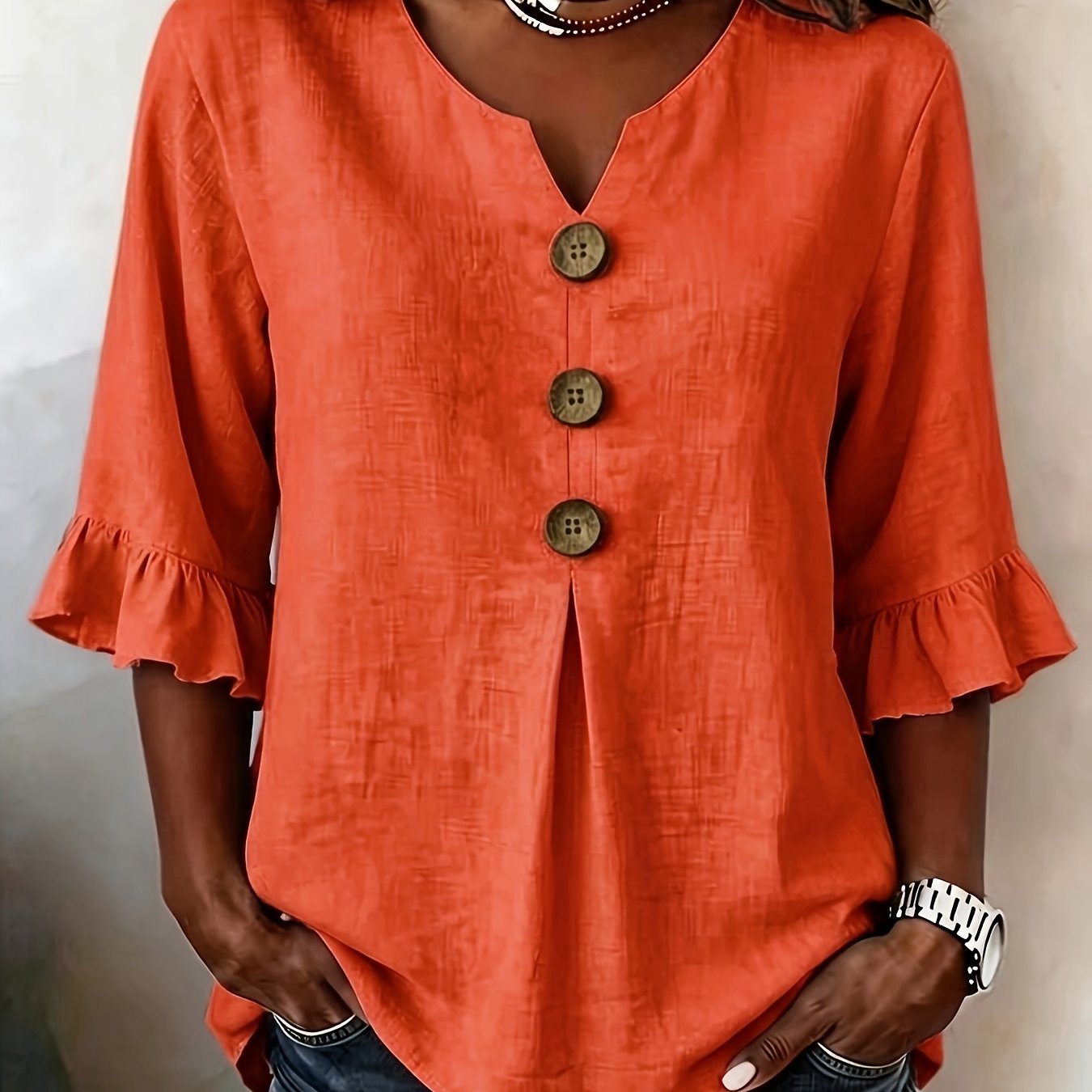Women's Floral Print V-neck Shirt, Three-quarter Sleeve Loose Casual Top, Spring Summer Versatile Blouse For Commuter Daily Wear