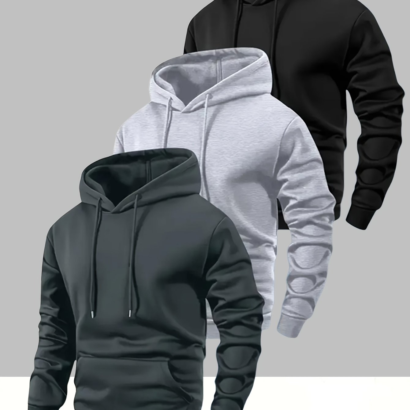 TEMU 3pcs Men's Long Sleeve Sweatshirt Hoodie For Spring/autumn, Solid Color With Drawstring Design And Kangaroo Pocket, Men's Casual Sport Jogging