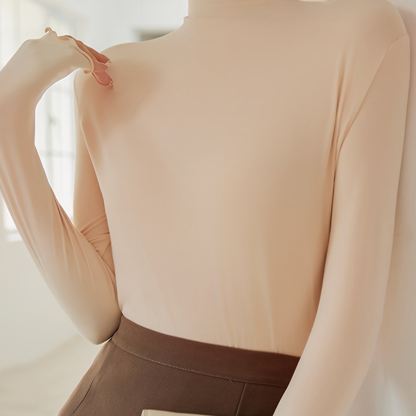 TEMU Women's Turtleneck Long Sleeve T-shirt Stretch Slim Sheer Layered Top Ruffle Trim Long Sleeve Base Layer Solid Color Casual Fashion Versatile