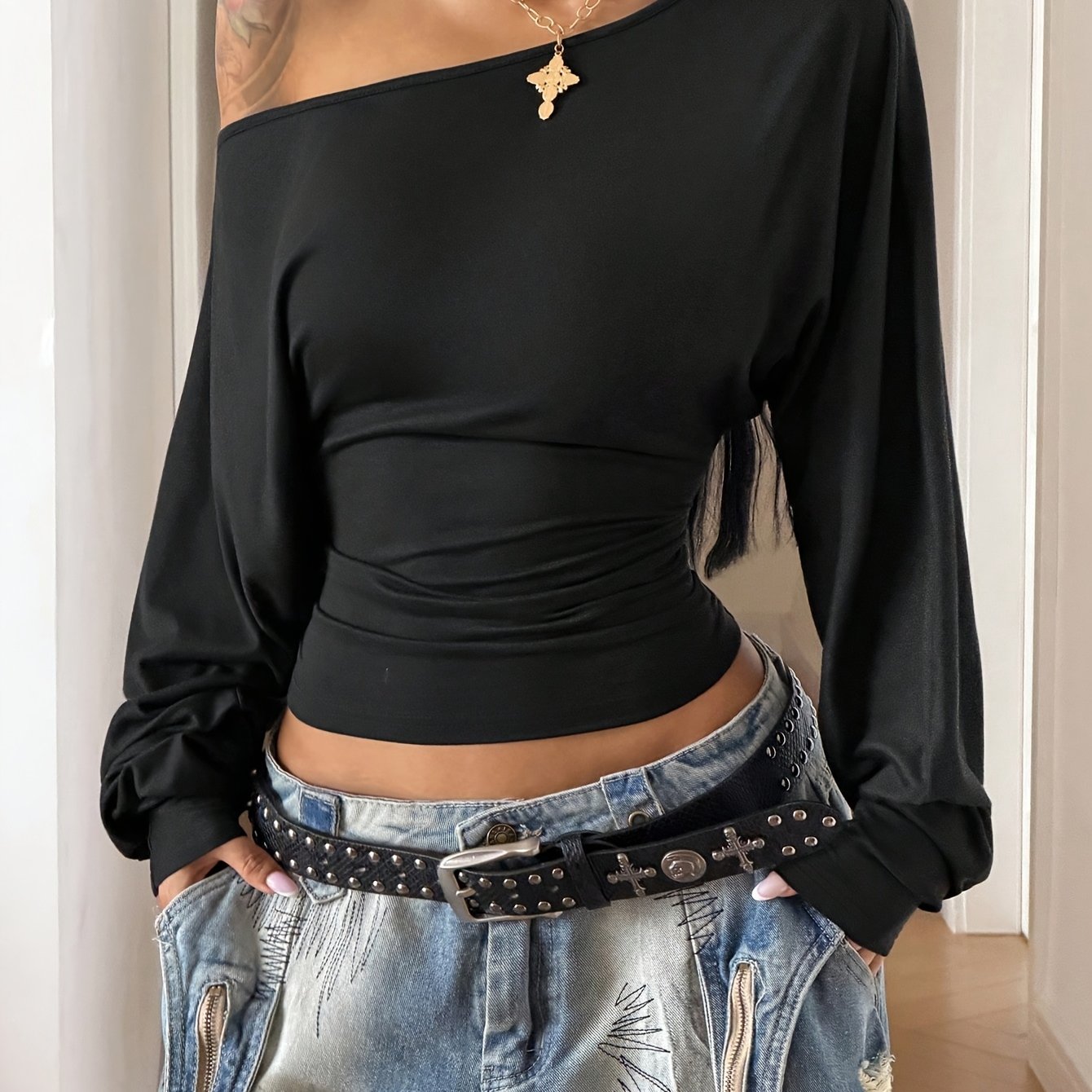 TEMU T-shirt da donna autunnale con spalle scoperte e maniche lunghe, vestibilit� aderente e taglio , design di tendenza, adatta per le vacanze