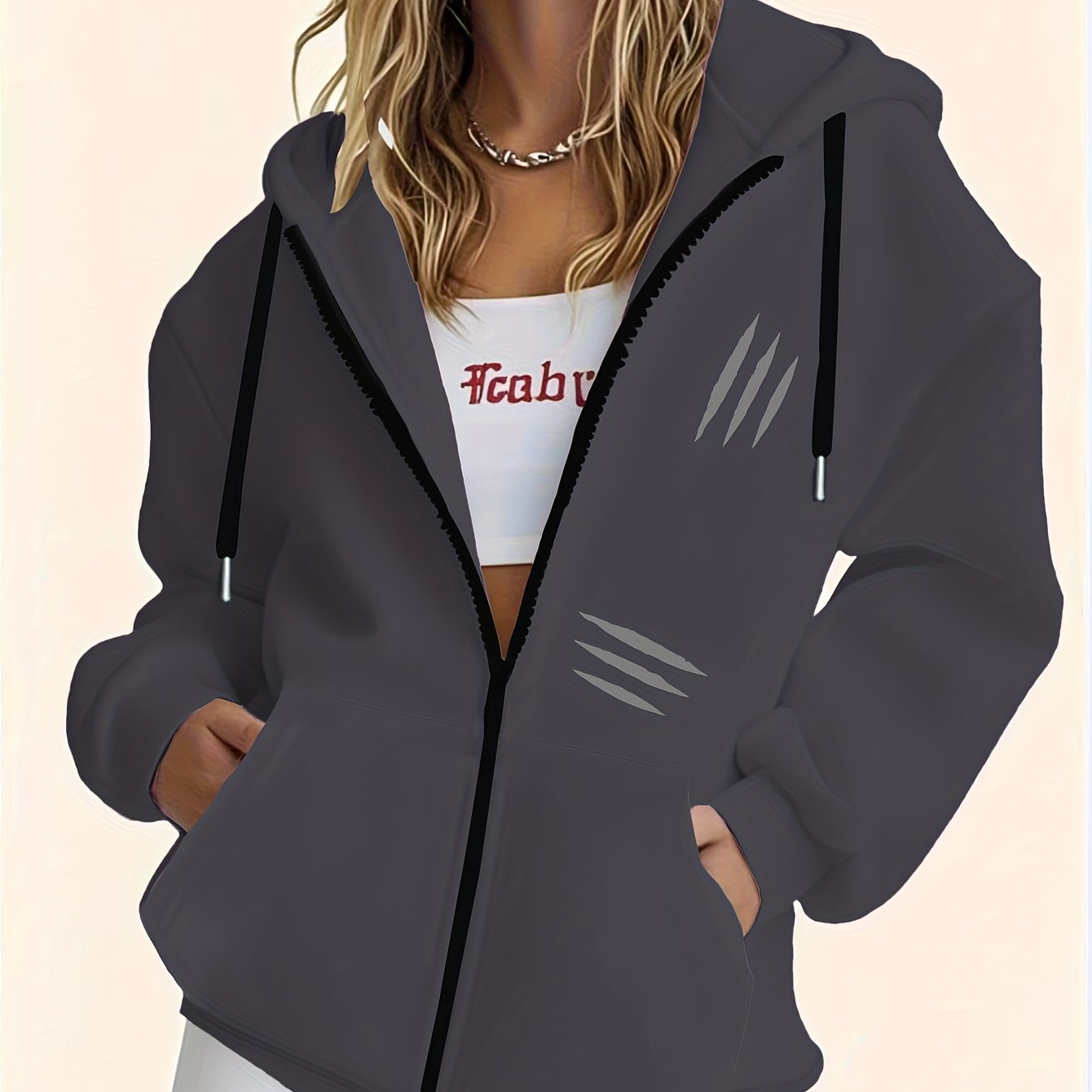 TEMU Women's Comfortable Fleece-lined Hooded Sweatshirt With Fashionable Claw Pattern Print, Long Sleeve Pocket Hooded Zipper Sweatshirt, Women's
