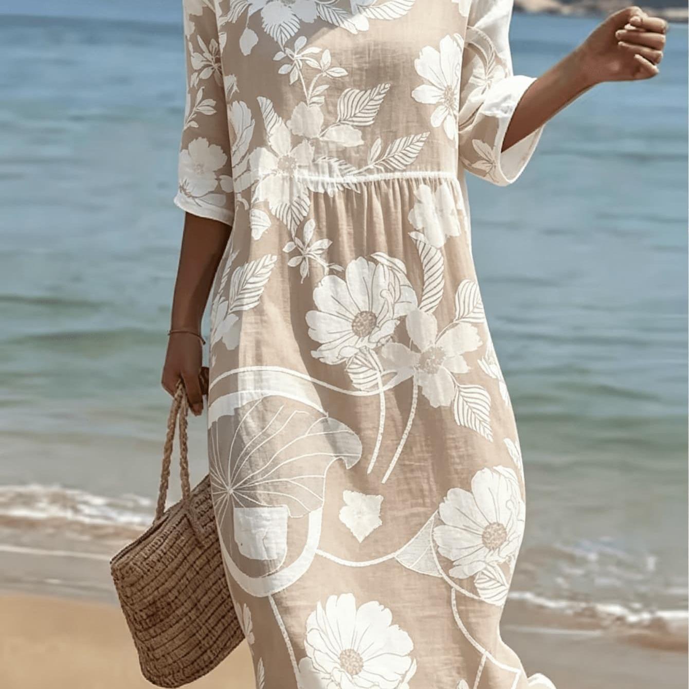 Image of Plus Size Floral Print Dress For Women, Casual 3/4 Sleeve Round Neck Loose Midi Dress, Bohemian Style Summer Beach Dress