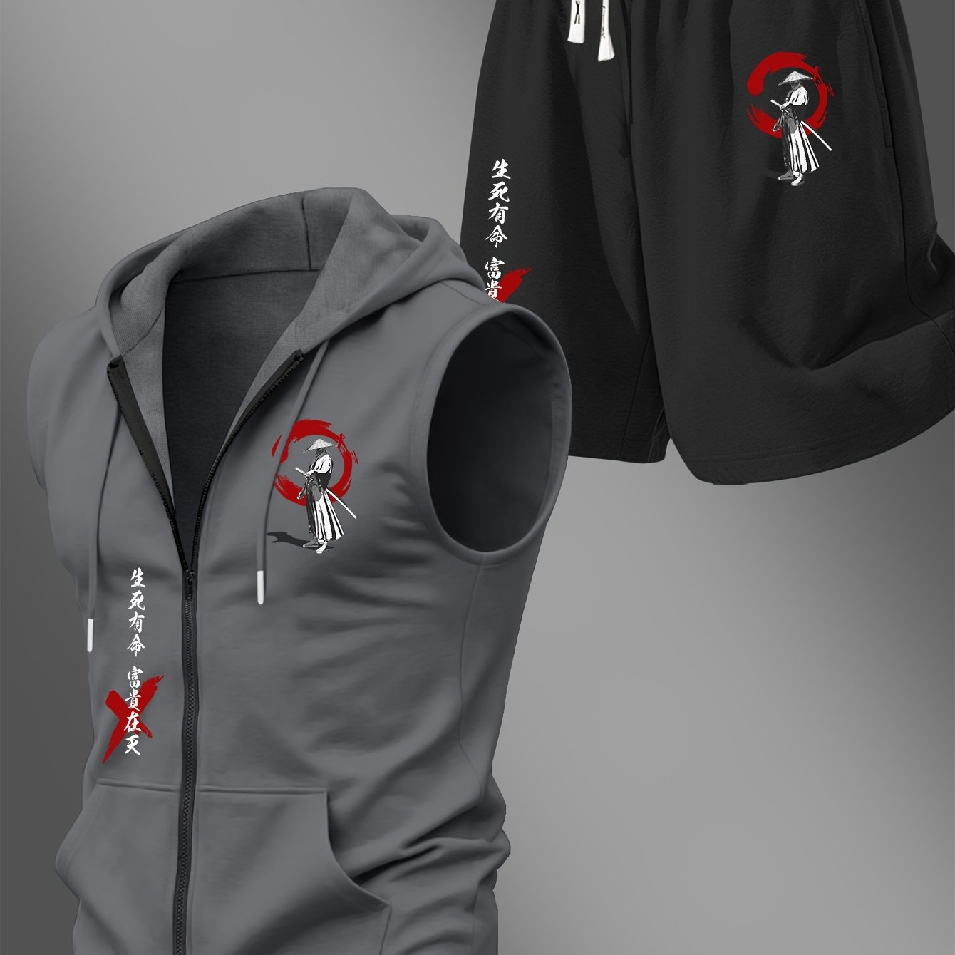 TEMU Trendy Men's Summer Set, Zippered Vest And Shorts Set, Men's Casual Gym Vest And Shorts Set, Japanese-style Holding An Umbrella Pattern,