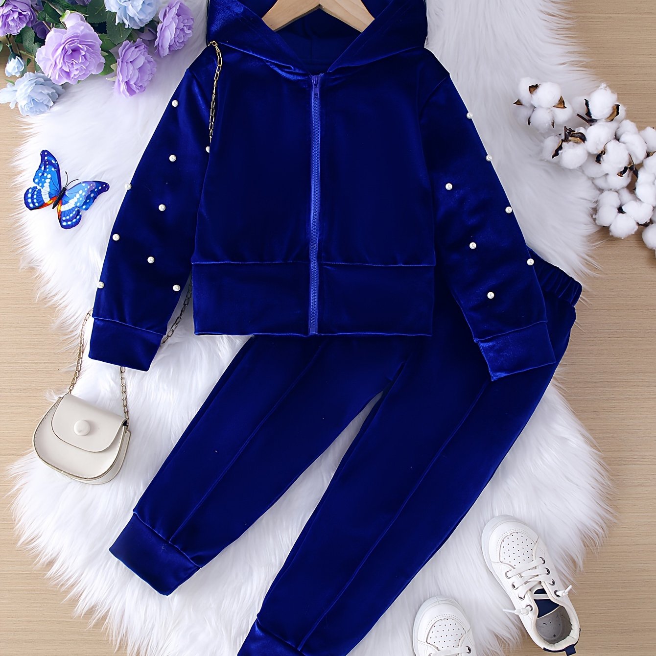 Image of Girls' Velvet Set, Beaded Zipper Hooded Jacket + Pants, Suitable For Spring And Autumn Outdoor Wear, Sporty Casual Clothing, Perfect For Outdoor