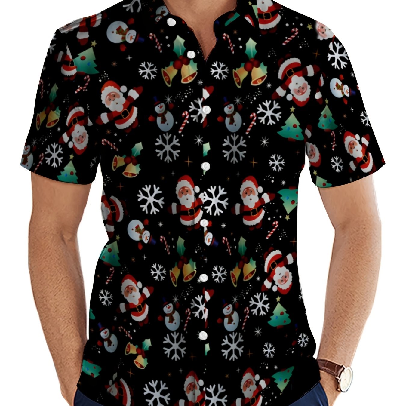 TEMU Holiday Men's Christmas Shirt, Casual Loose Fit With Santa Print, Short Sleeve, Festive Celebrations, Great Gift Idea
