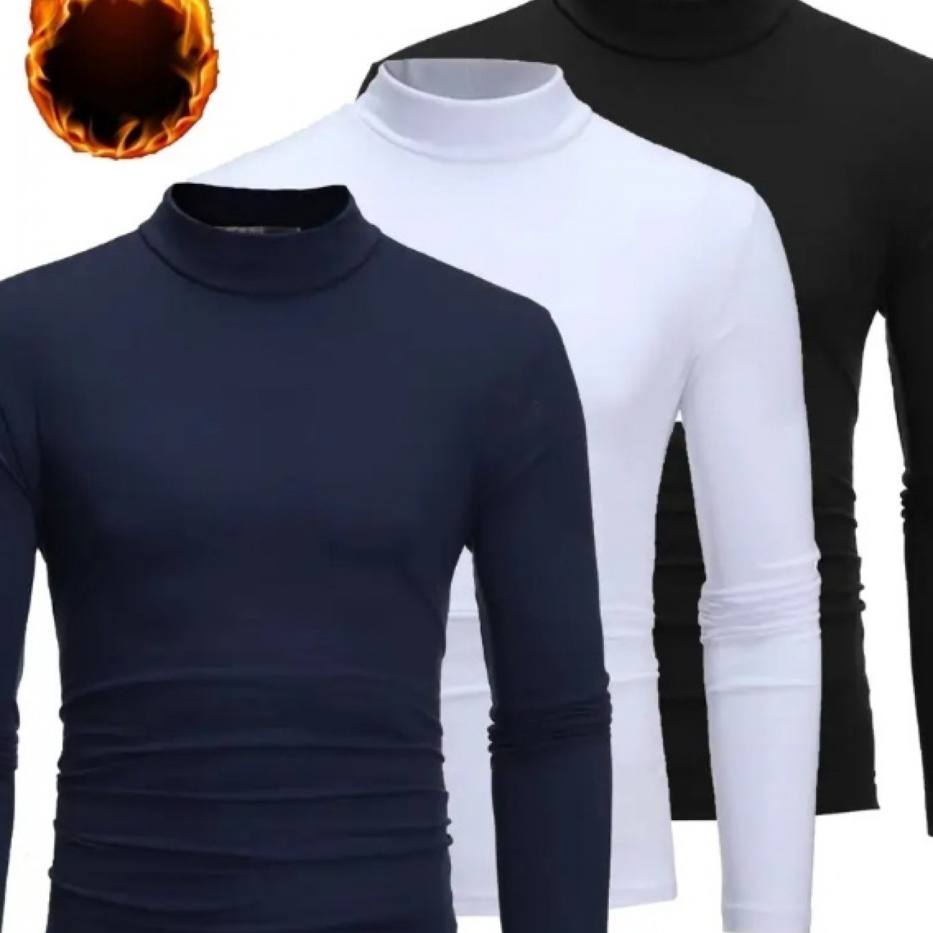 TEMU 3-pc(black, White, Navy Blue) Men's Winter Fleece-lined Semi-turtleneck Thermal Underwear, Solid Color Slim Fit, Medium Stretch, For Daily And