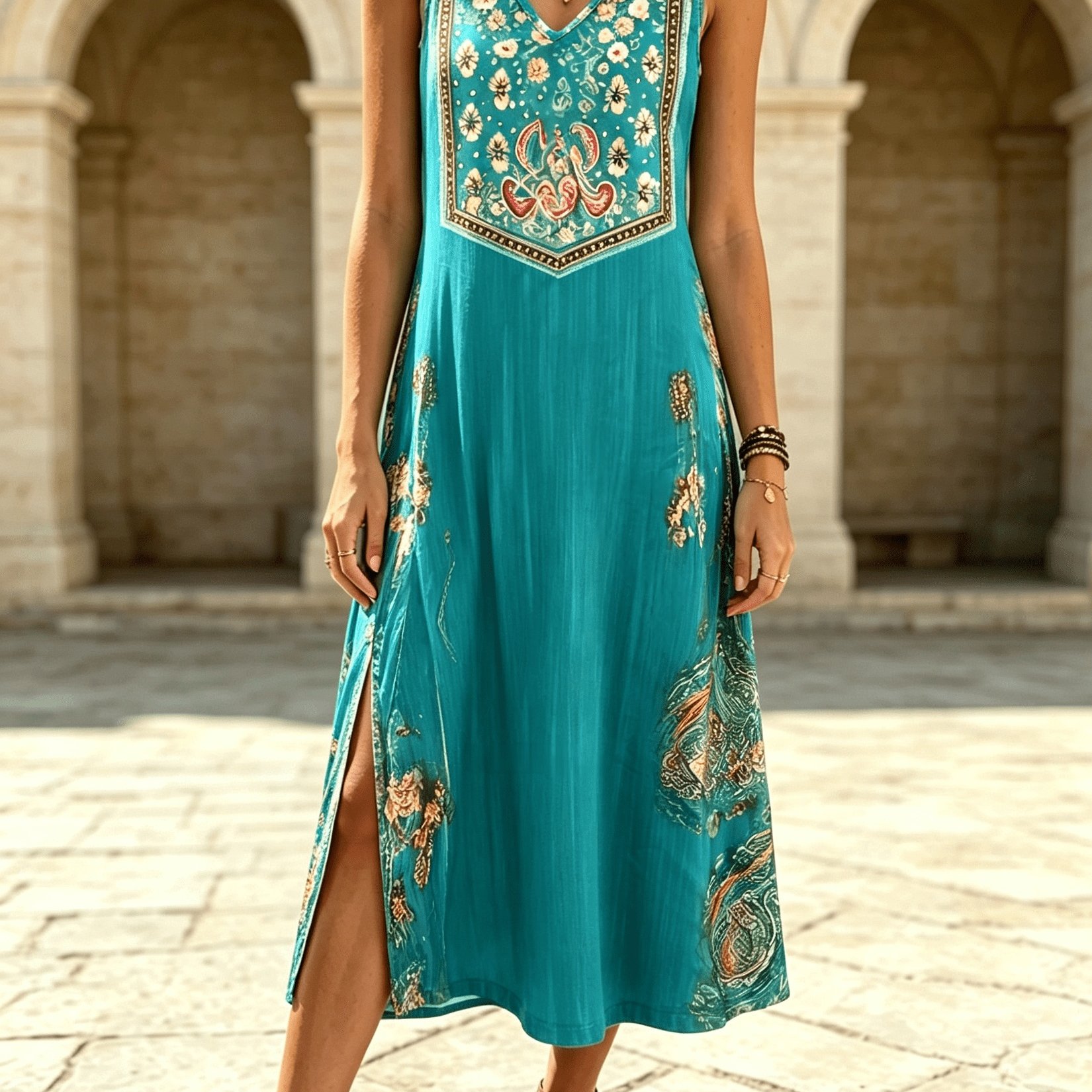Women's Summer Sleeveless V-neck -line Dress With Slit Hem & Western Print - Soft Stretchy Machine Washable Midi Dress Suitable For Beach Vacation, Casual To Dressy Outfits, Flare