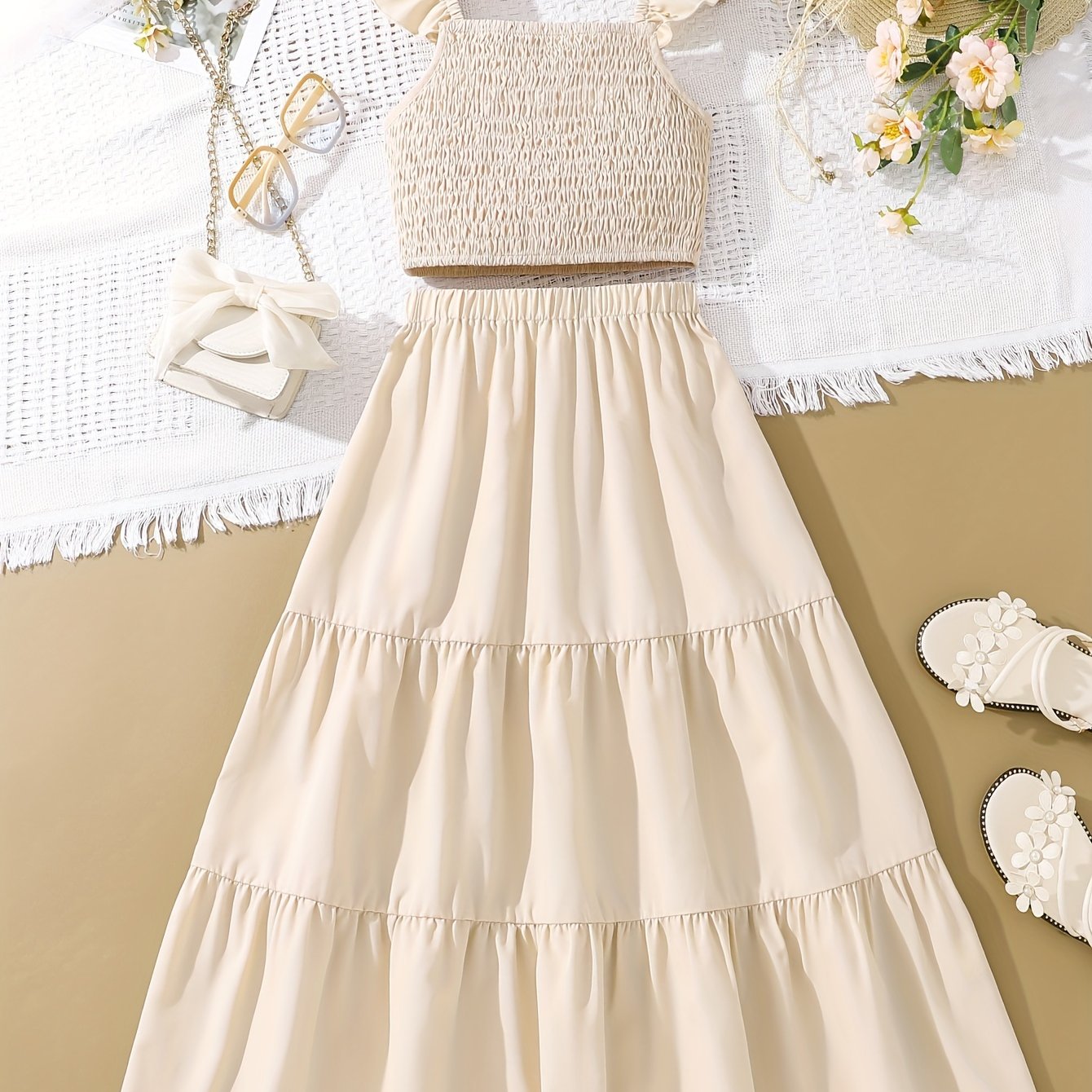 Girls' Summer 2pcs Set With Short Sleeve Camisole Top And Long Skirt