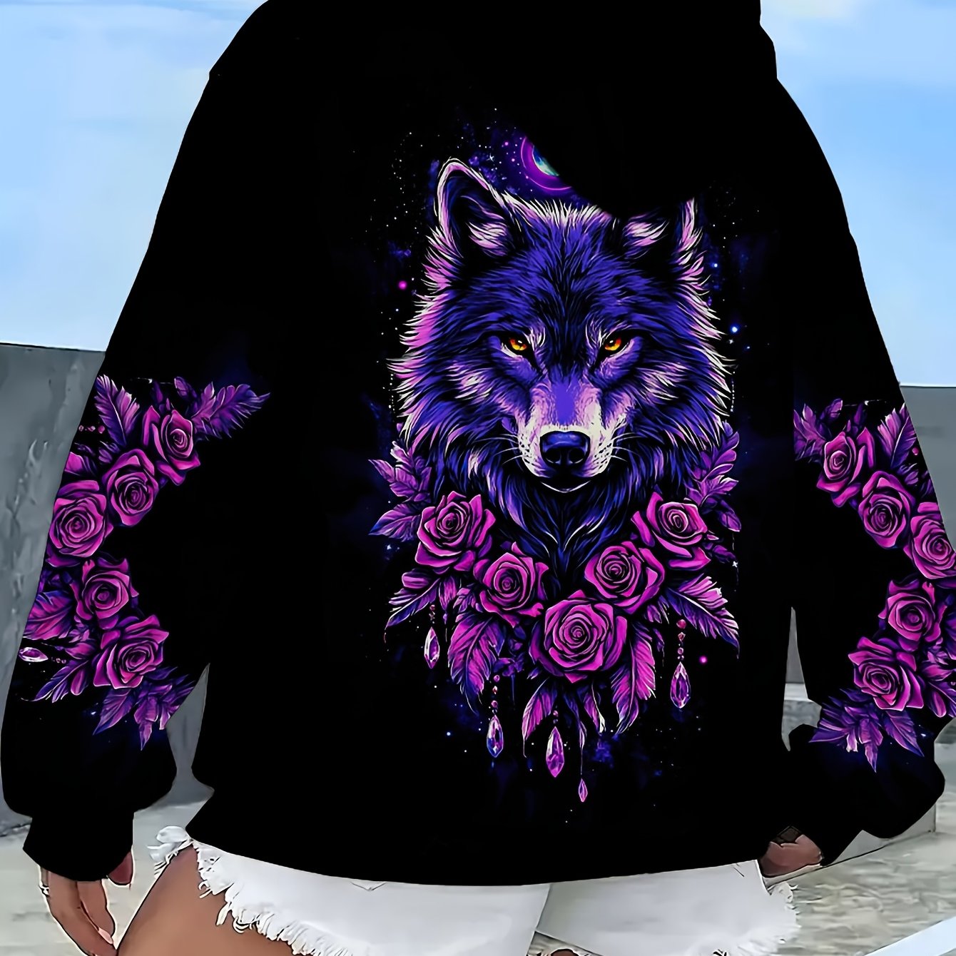 TEMU Women's Hooded Sweatshirt, Wolf Head Rose Hooded Sweatshirt, Black Background With Wolf Head And Rose And Starry , With " Atmosphere", Rich And