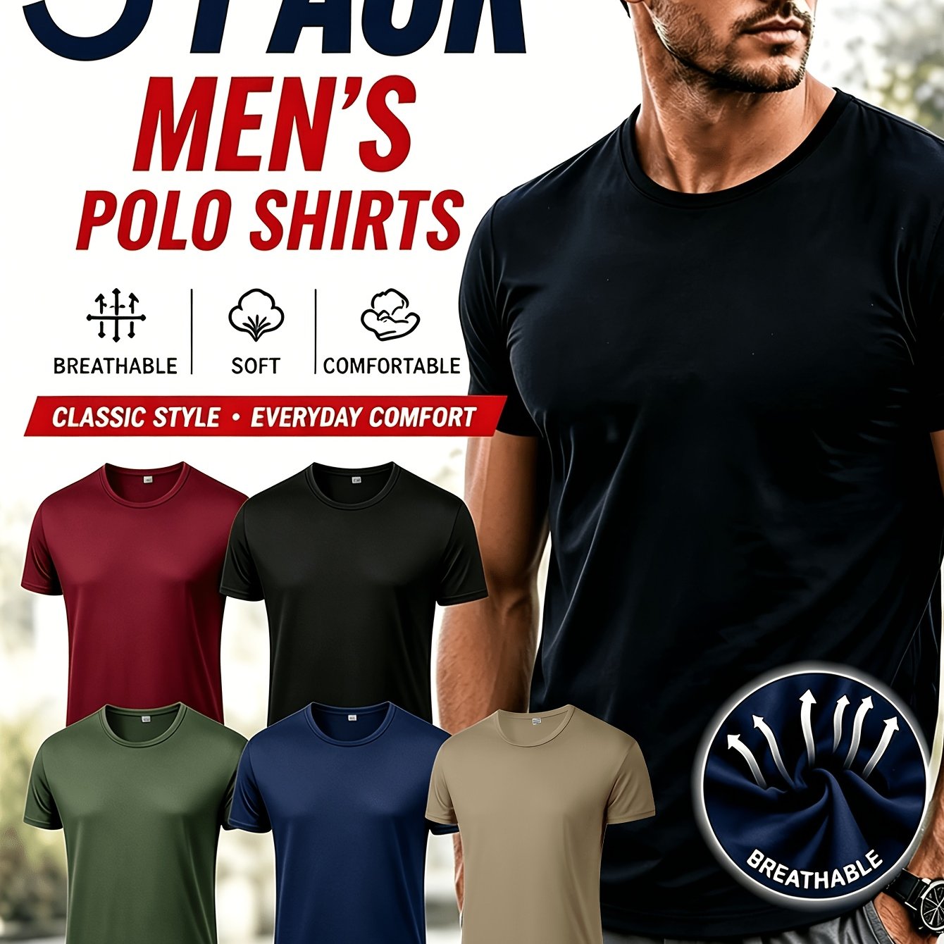 TEMU 5pcs, Assorted Colors Men's Quick-dry Short-sleeve T-shirts, Lightweight Fabric, Round Neck Design, Suitable For Casual And Daily Occasions,