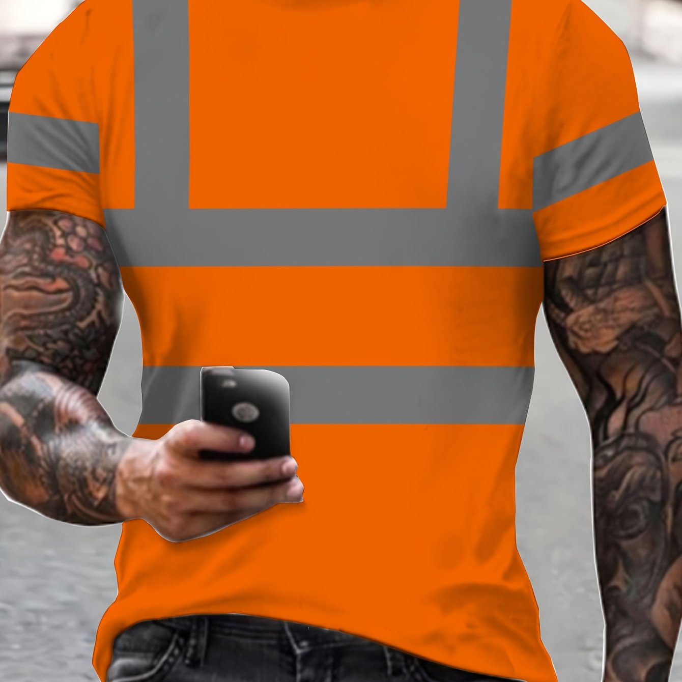 TEMU T-shirt de mode sportive fantaisie, rayures oranges, Homme