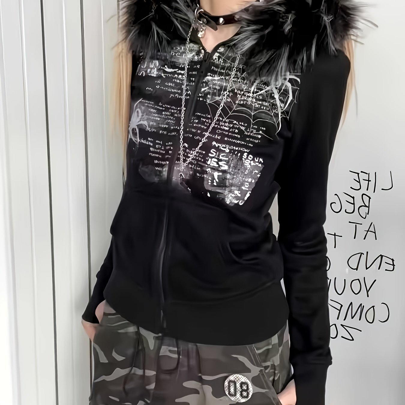 TEMU Women's Autumn Winter Printed Hooded Zip Up Long Sleeve Jacket