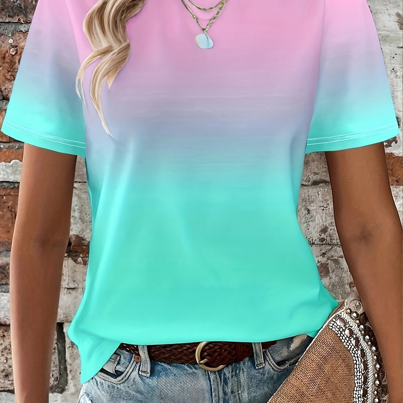 E-shop Sportliches Damen-T-Shirt mit Kurzarm - Ombre-Farbverlauf und Farbblock-Design, Halbtransparentes Rundhals-Sommeroberteil, Maschinenwaschbar &