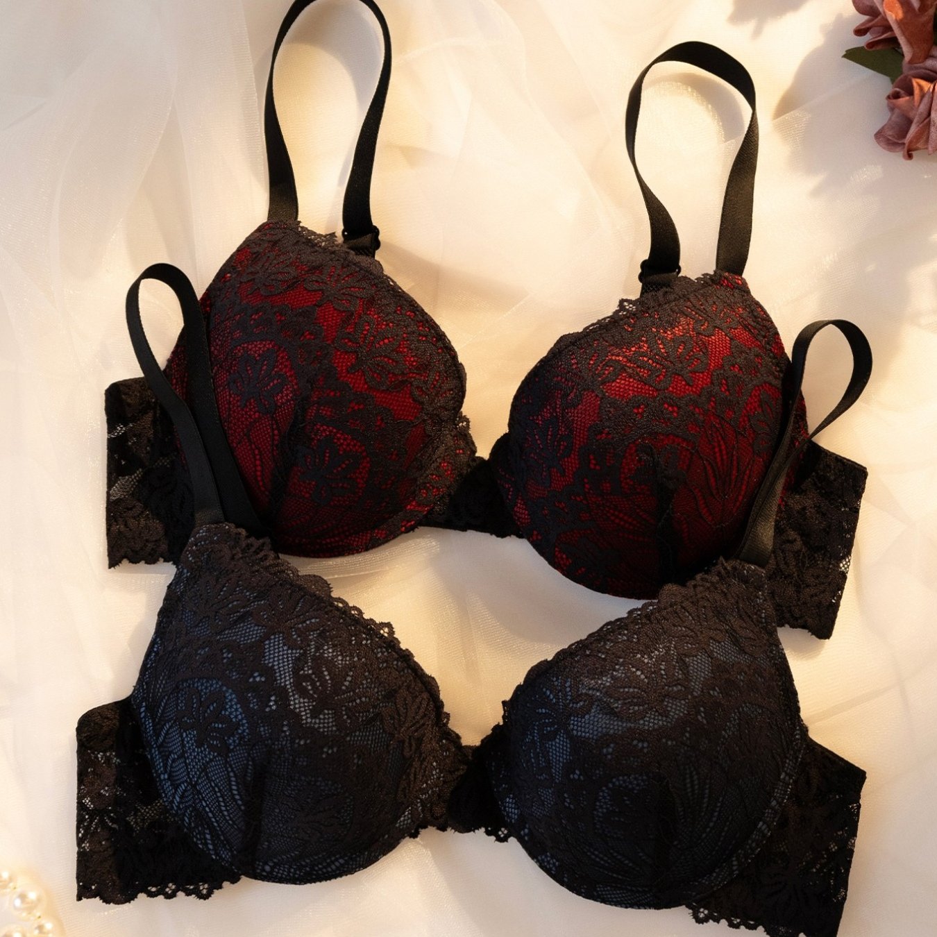 TEMU 2pcs Set Women's Sexy Lingerie Lace Ladies Bra Underwire Gathered Bra Push-up Shaping Elegant Deep V Suitable For Dating