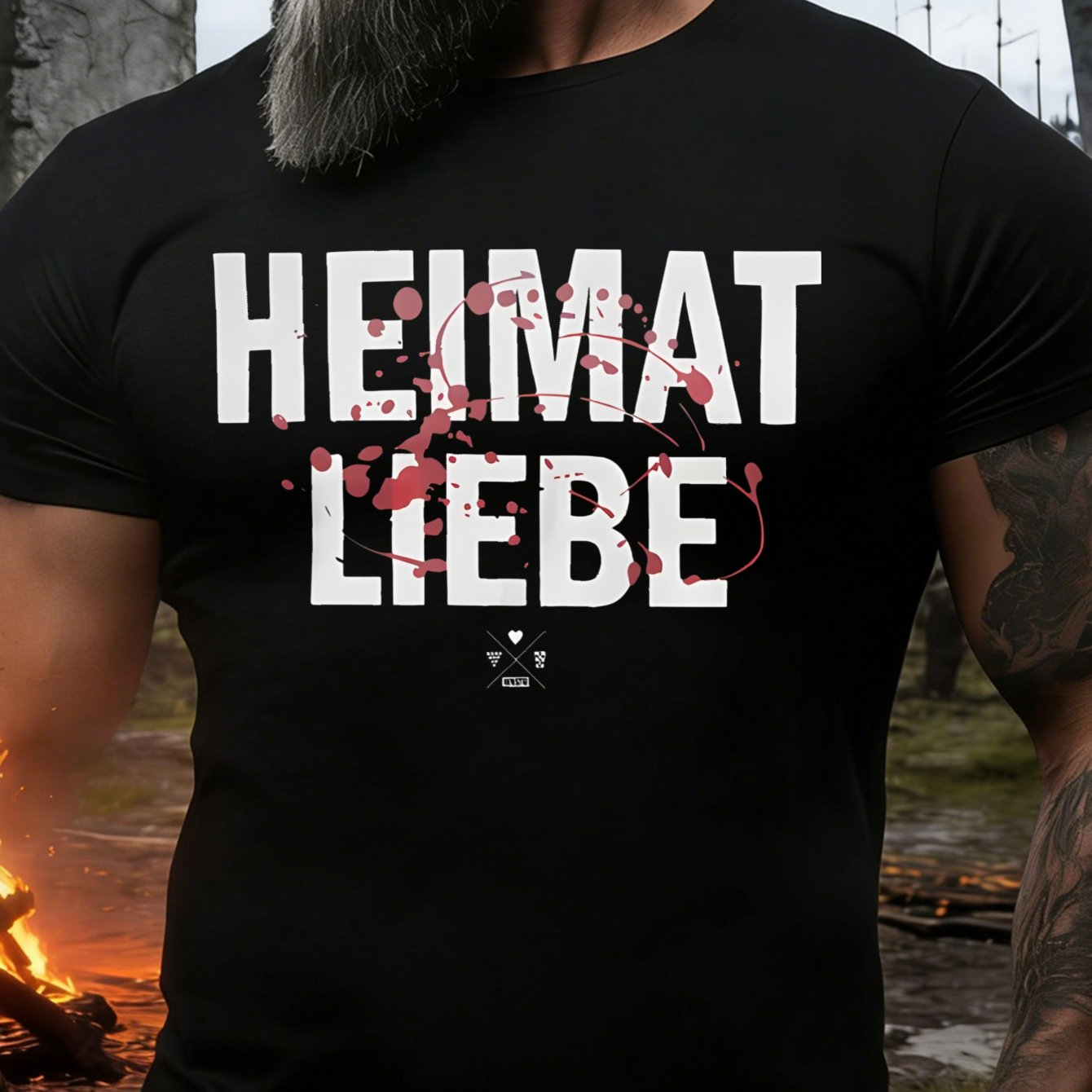 Image of Men's T-shirt Black Heimat Love Text And Red Splatter Design Outdoor Adventure And Casual Wear