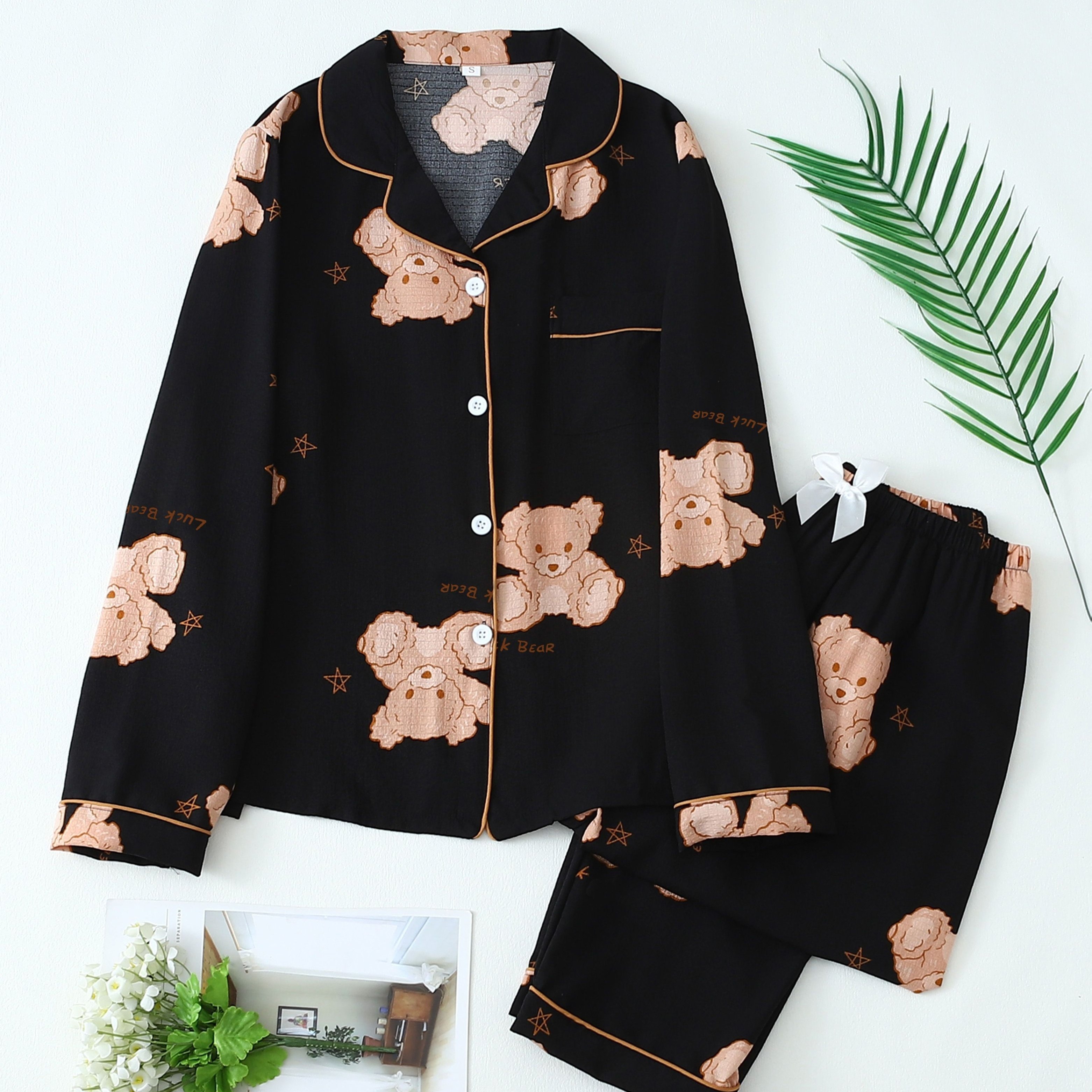 Image of Teddy Bear Print Long Sleeve And Pants Teen Pajama Set, For Teenager, For Teenager