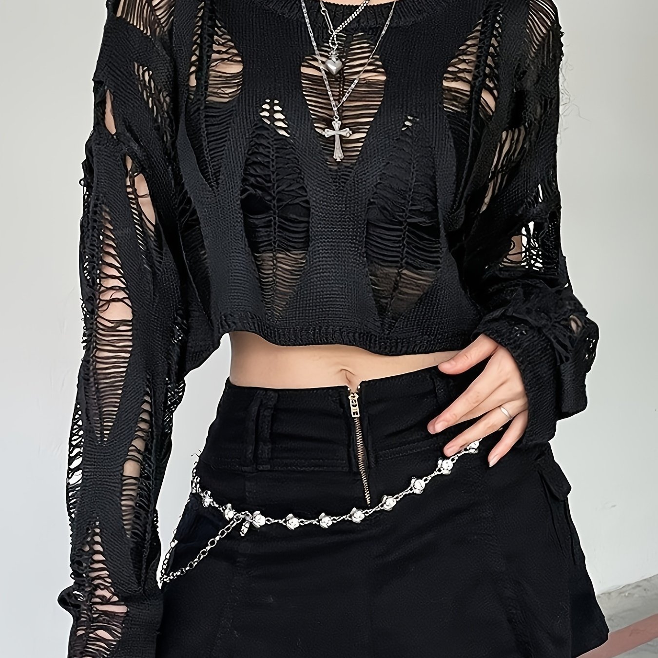Image of Black Round Neck Out Style Women's Ins T-shirt Top Solid Color Nightclub Sexy Loose Crop Hollow Out Long Sleeve Top
