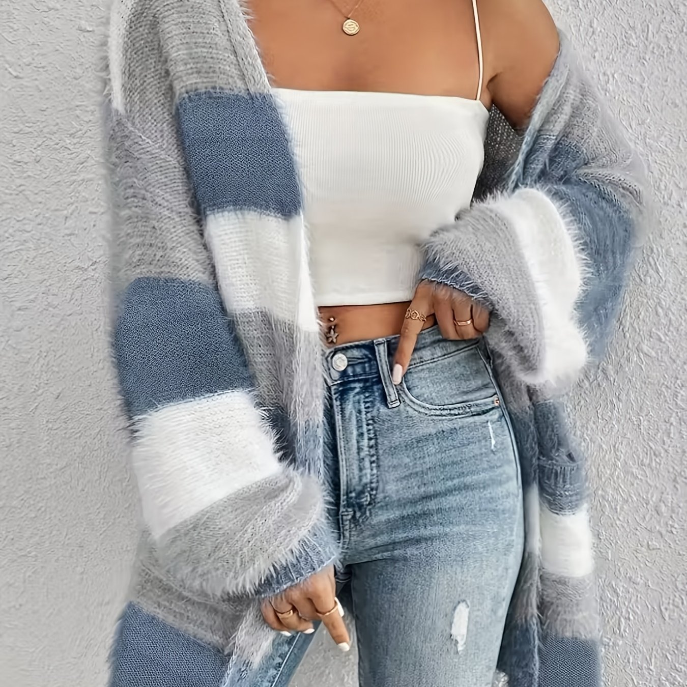 TEMU Plus Size, Plus Size Women's Autumn Winter Vintage Minimalist Color Block Cardigan - Everyday Chic With , Mid-length, Casual, Relaxed Fit For
