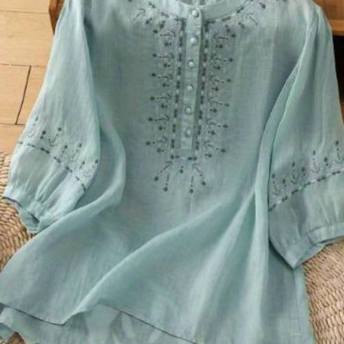 womens summer casual retro half sleeve embroidery round neck loose fit t shirt