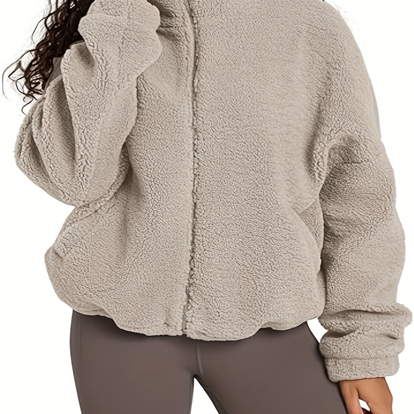 Women's Plush Warm Solid Color Jacket | Loose-fit Long Sleeve Zip- Neck Casual Coat For Winter Vacation