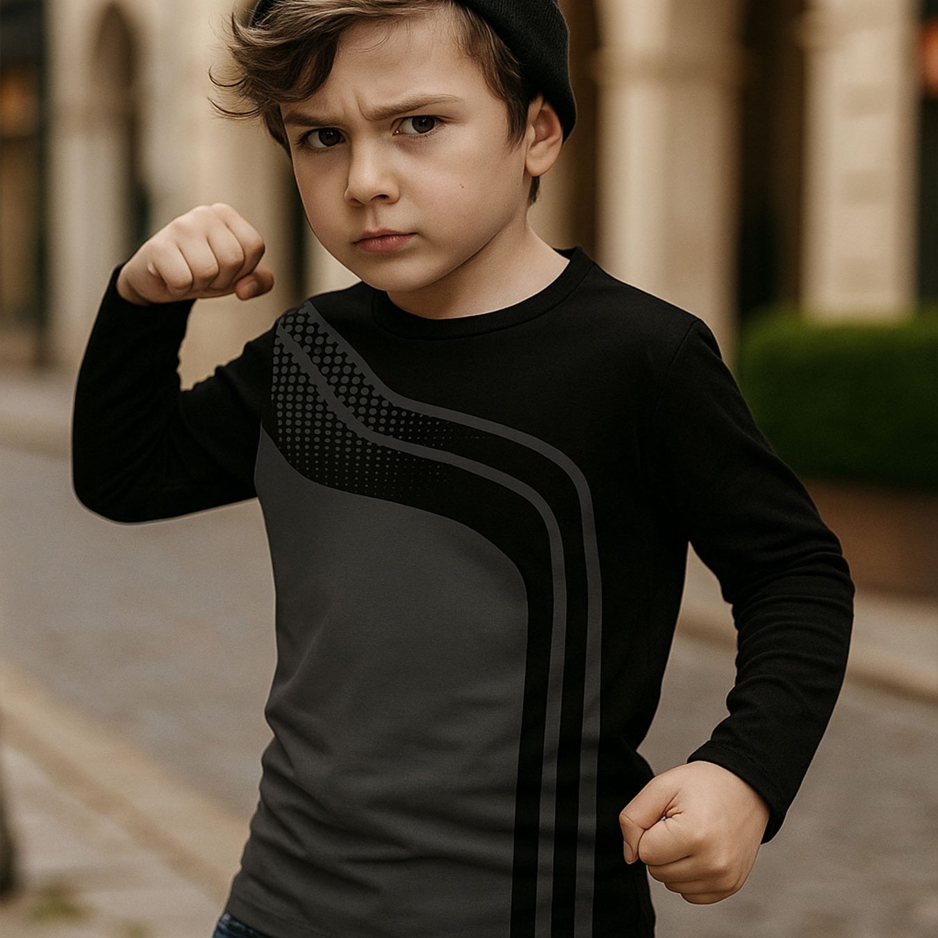 TEMU T-shirt à manches longues pour garçons, style géométrique et tendance : blocs de couleurs noirs et gris, décorations à pois et , col rond facile