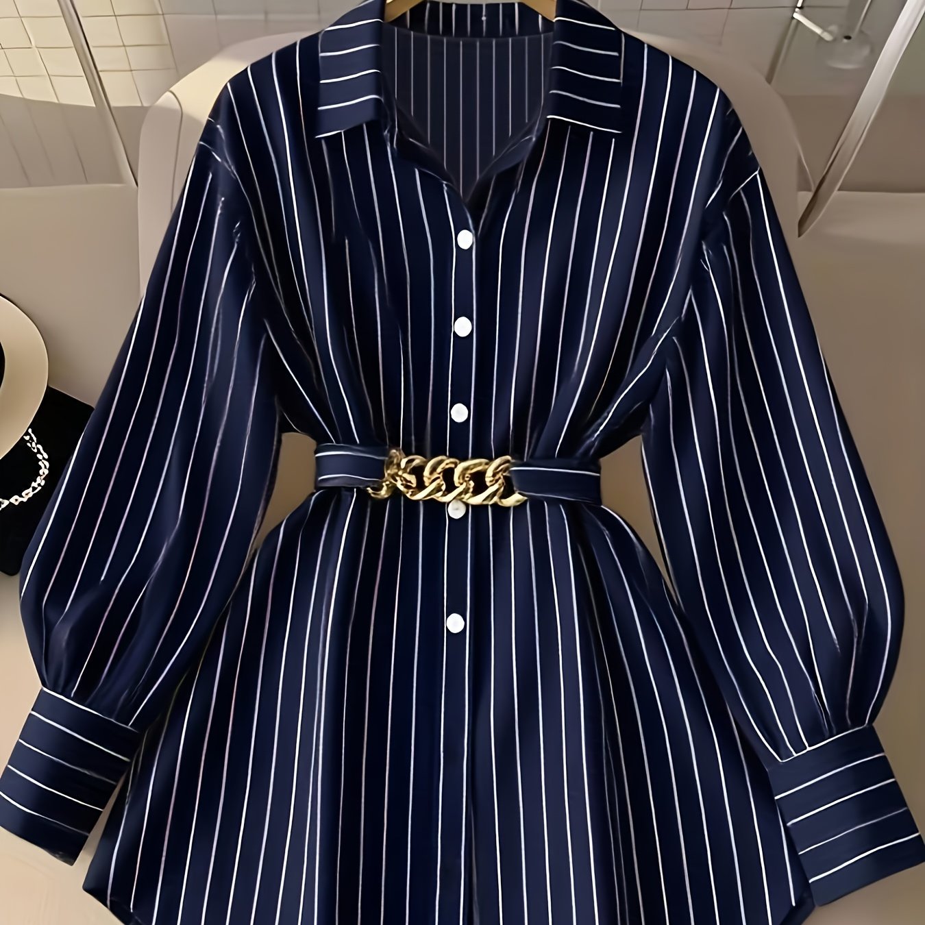 Image of [size For Regular Fit] Women's Spring Autumn Elegant Striped Loose Long Sleeve Shirred Blouse, Chain Detail Tie-waist Shirt