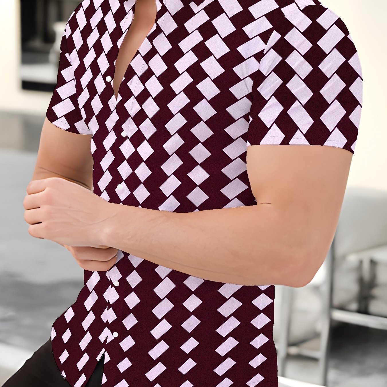 TEMU Men's Shirt, , Short-sleeve Design, Lightweight Polyester Fabric - Suitable For Summer , Vacations, And Party Wear