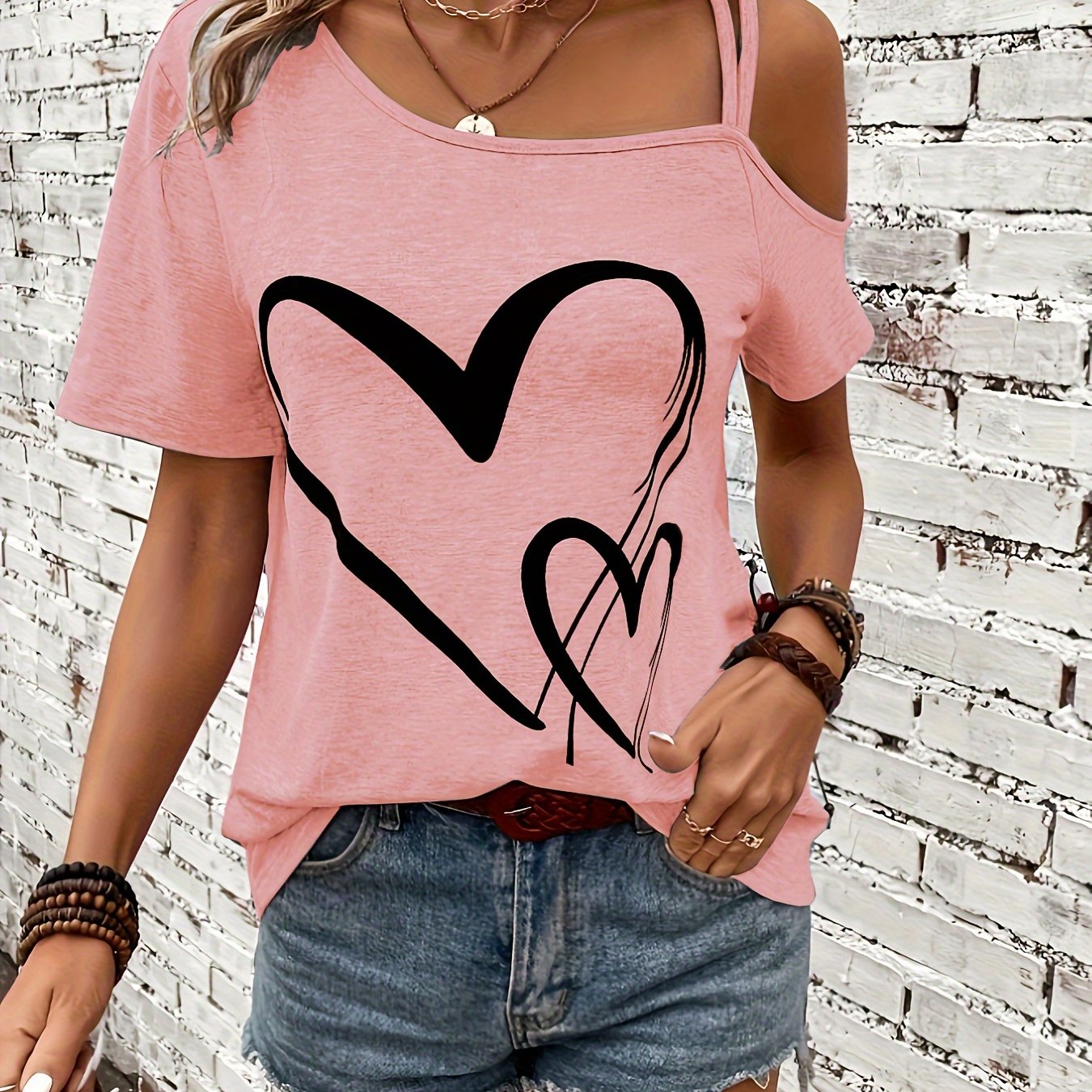 Heart Shoulder T-shirt, Elegant Short Sleeve Top For , Women's Clothing